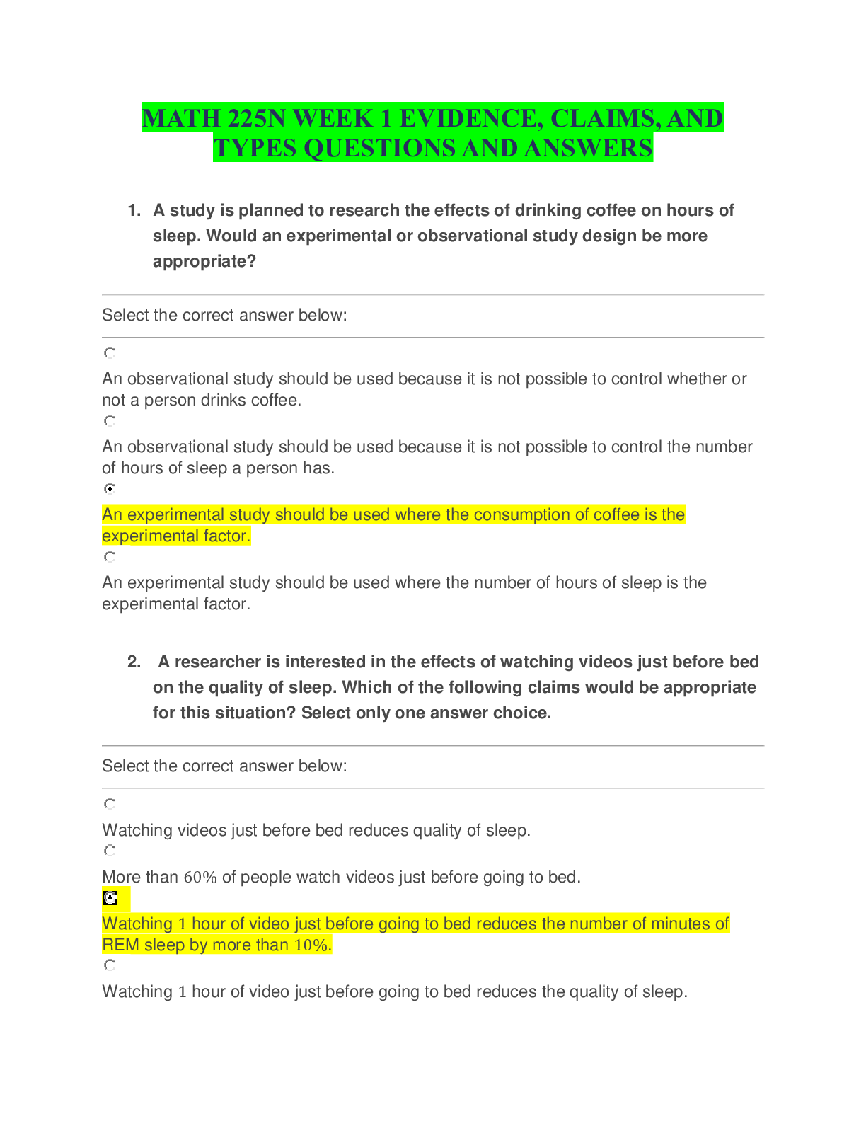 MATH 225N WEEK 1 EVIDENCE, CLAIMS, AND  TYPES QUESTIONS AND ANSWERS