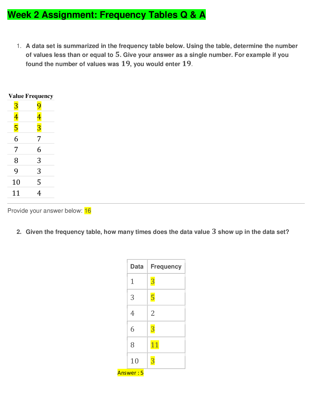 Week 2 Assignment: Frequency Tables Question and Answers