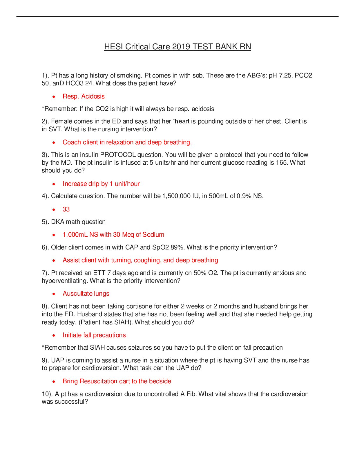 HESI Critical Care 2019 TEST BANK RN