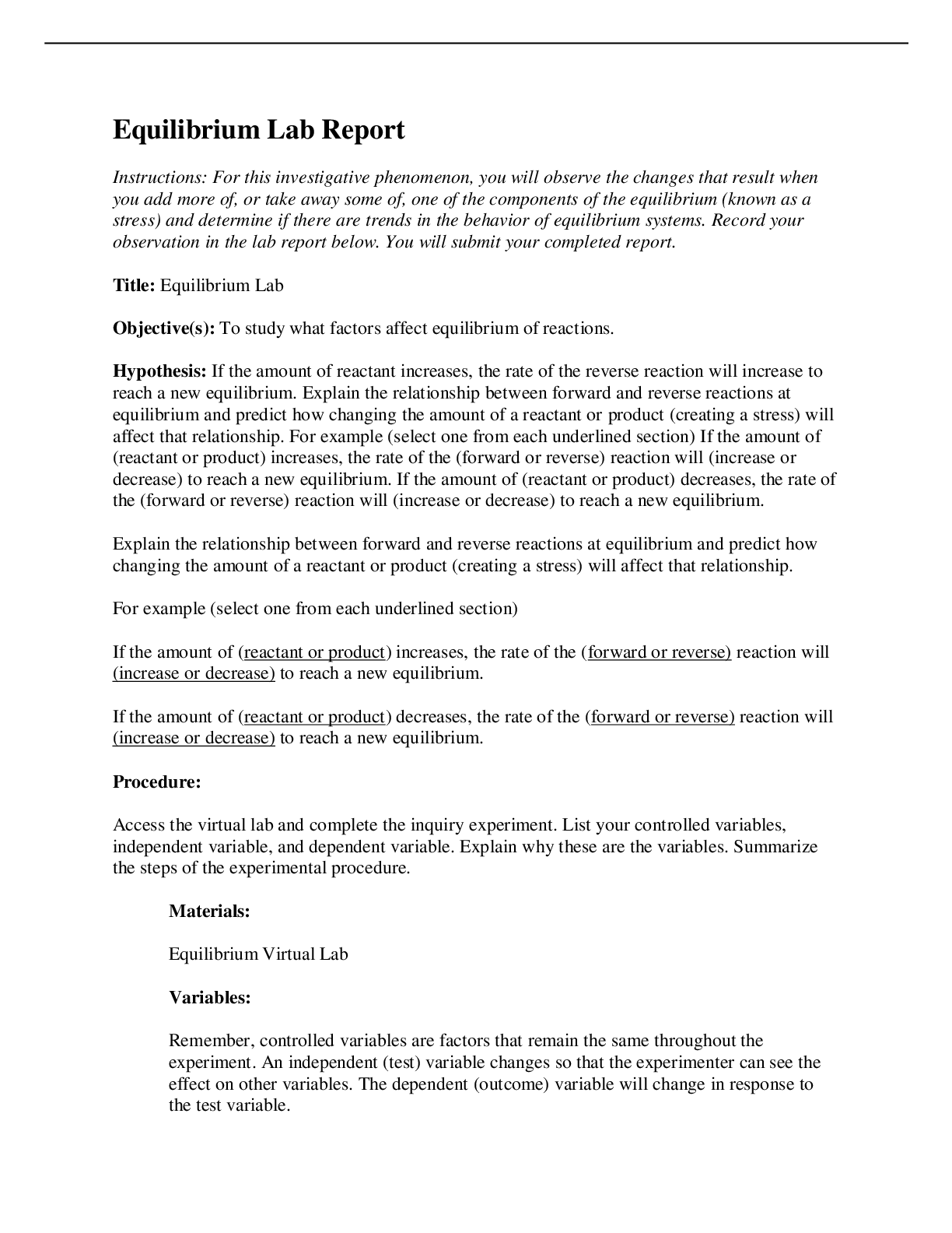 Equilibrium Lab Report