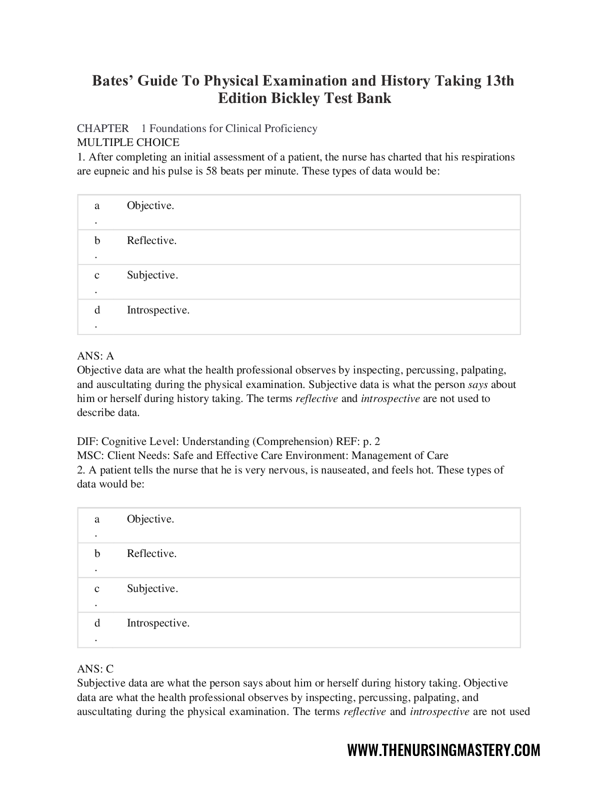 Bates’ Guide To Physical Examination and History Taking 13th  Edition Bickley Test Bank