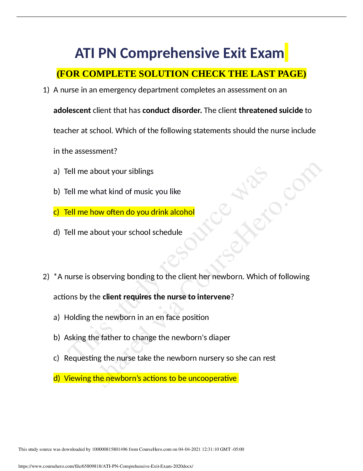 ATI PN Comprehensive Exit Exam 2020