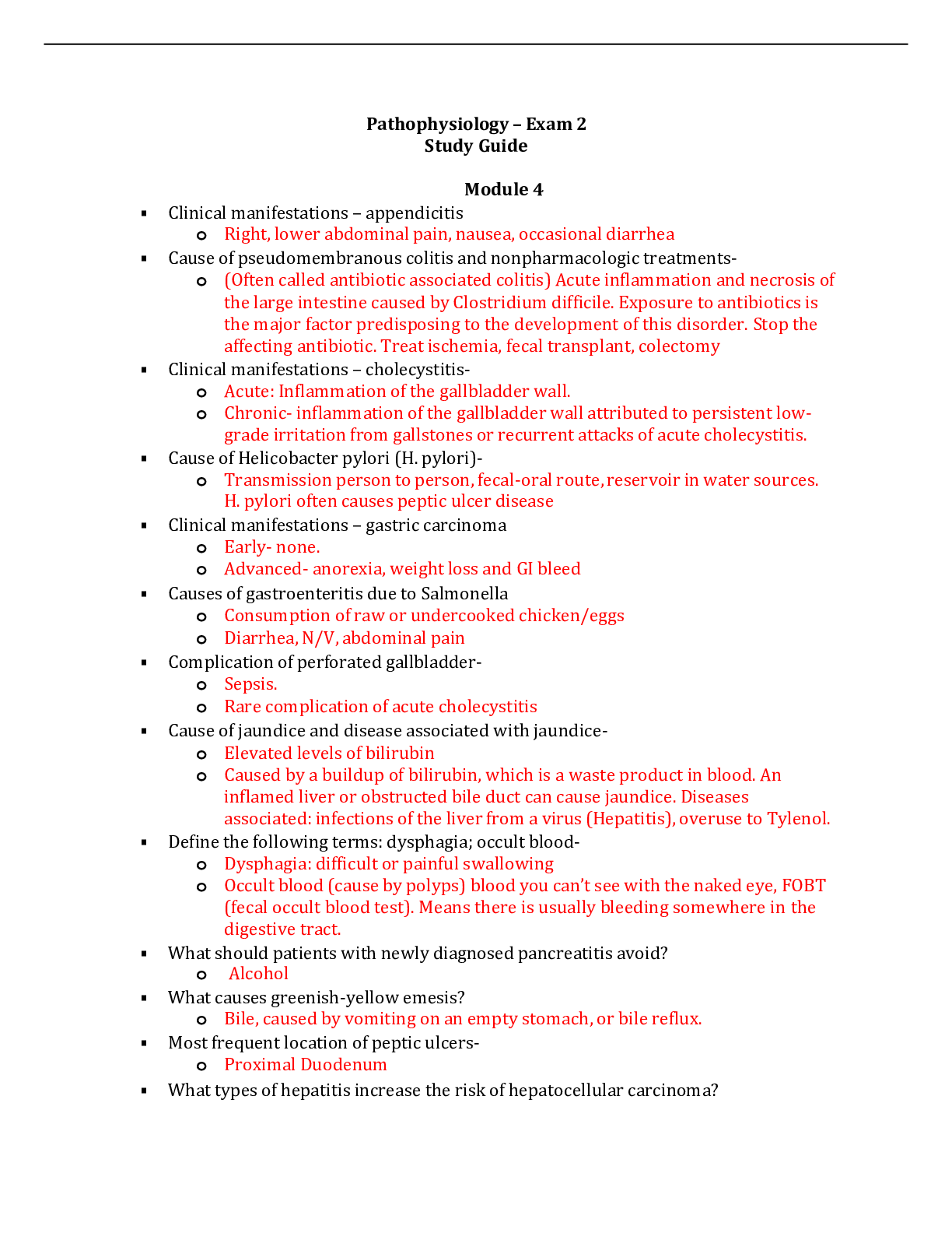 Pathophysiology Exam 2 Study Guide spring 2020