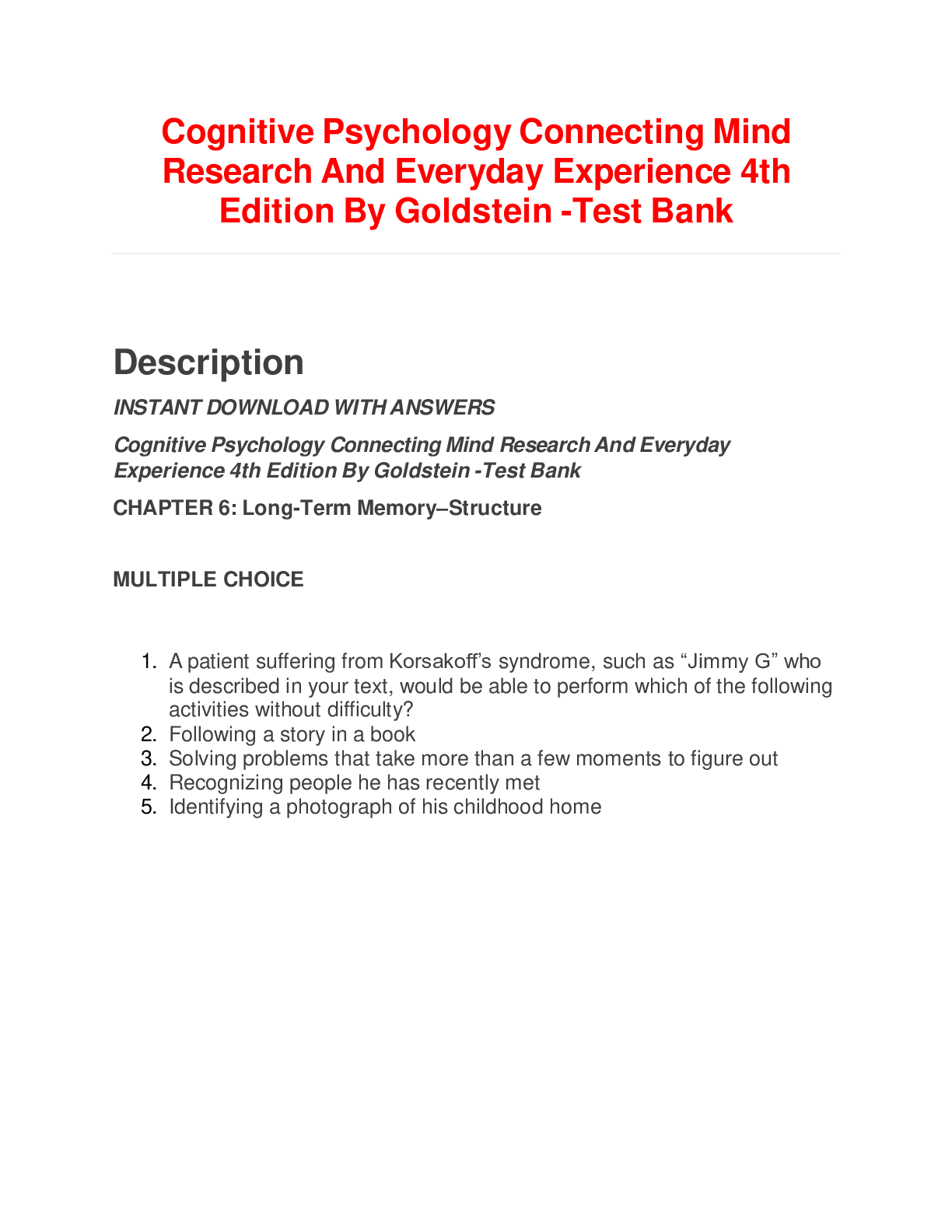 Cognitive Psychology Connecting Mind Research And Everyday Experience 4th Edition By Goldstein -Test Bank