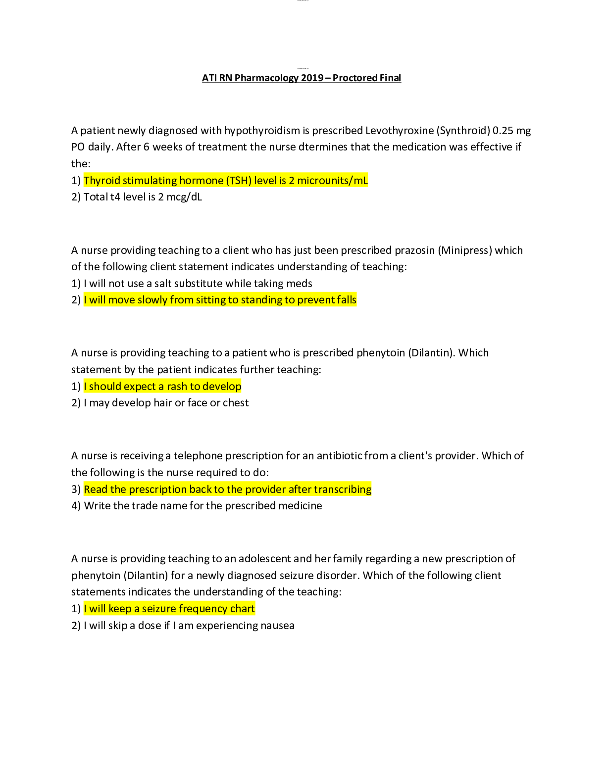 ATI RN Pharmacology 2019 – Proctored Final Exam