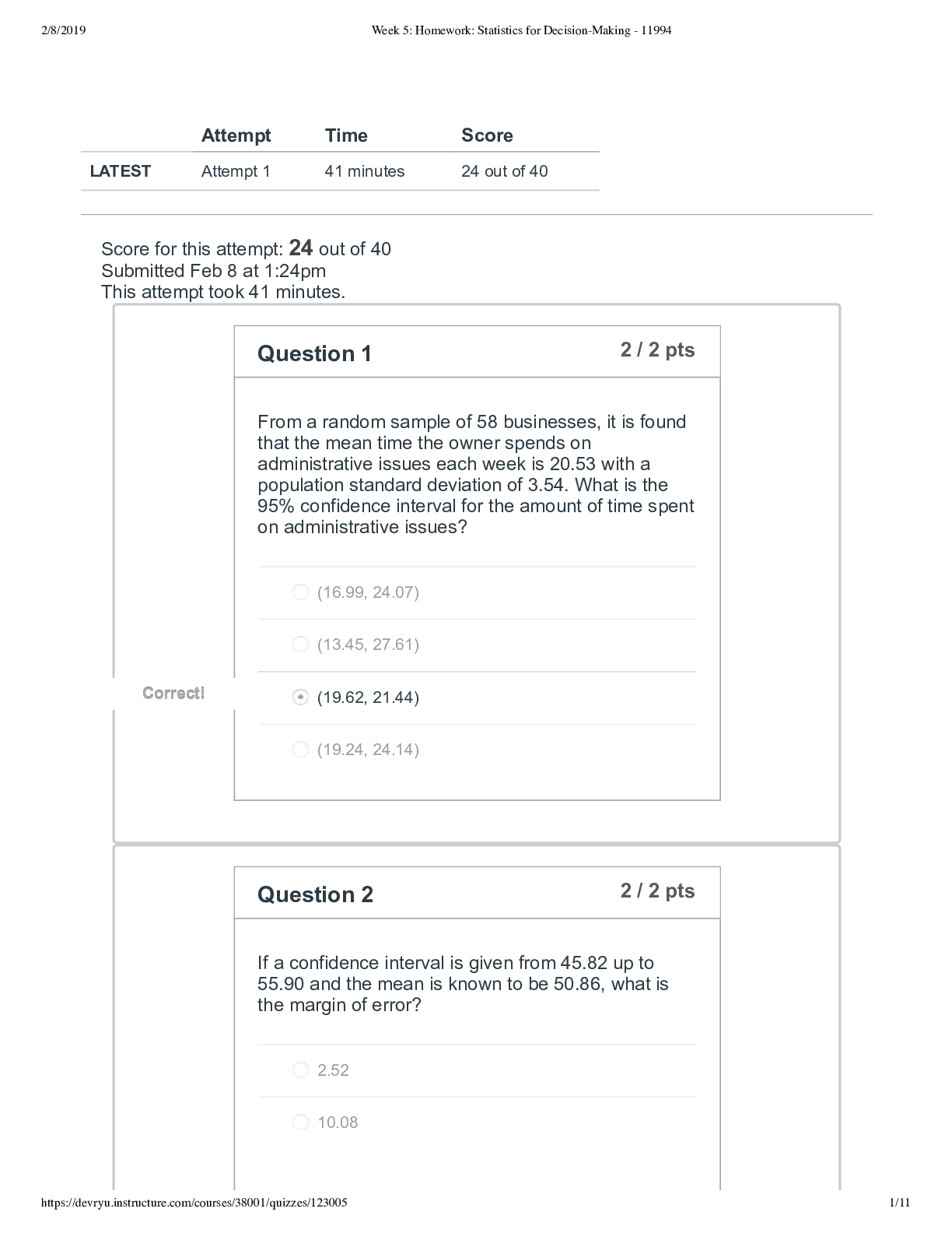 Statistics for Decision-Making  (Week 5 Homework)