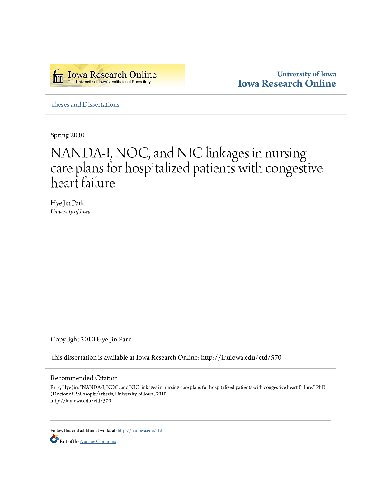 NANDA-I, NOC, and NIC linkages in nursing care plans for hospitalized patients with congestive heart failure