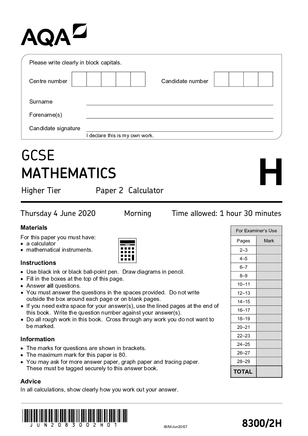 GCSE MATHEMATICS Higher Tier Paper 2 Calculator