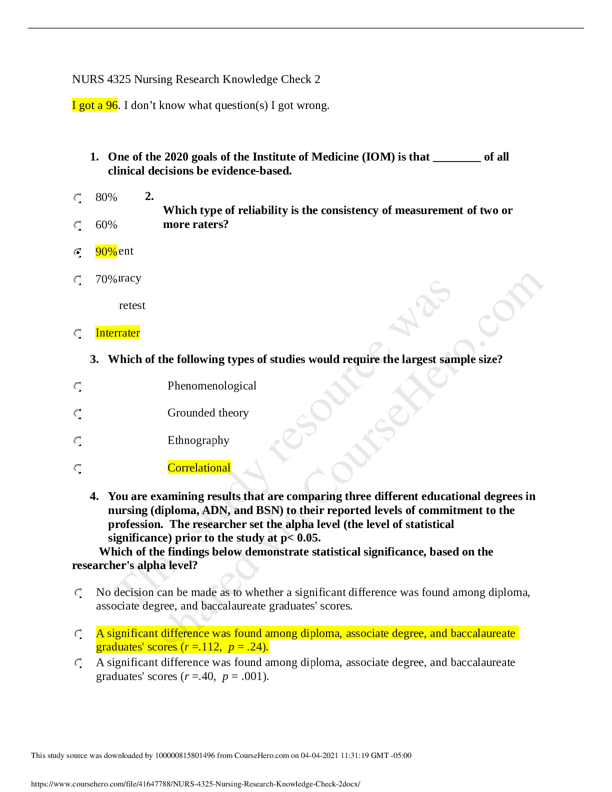 NURS 4325 Nursing Research Knowledge Check 2 (Graded)