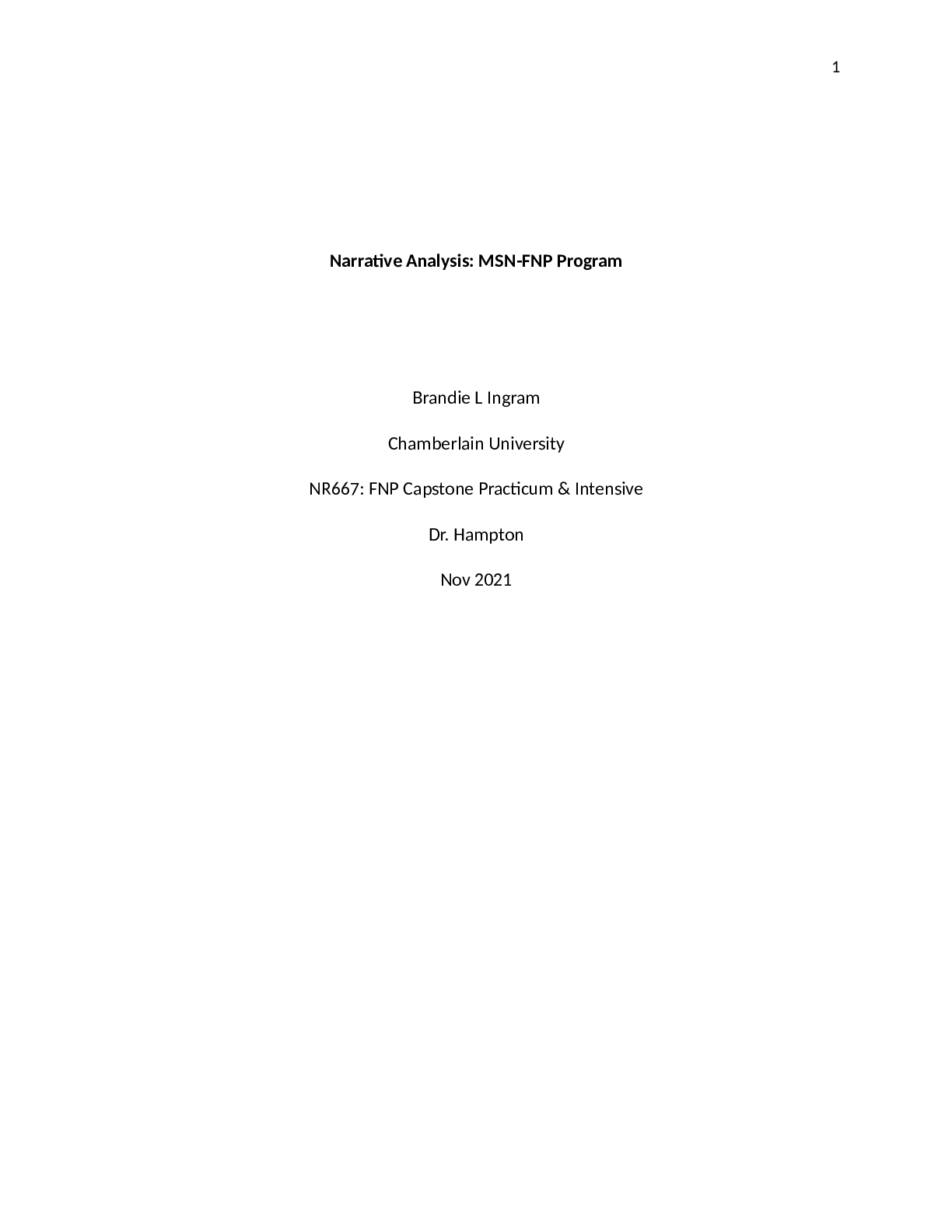 FNP Capstone Practicum & Intensive (NR667) Narrative Analysis MSN-FNP Program