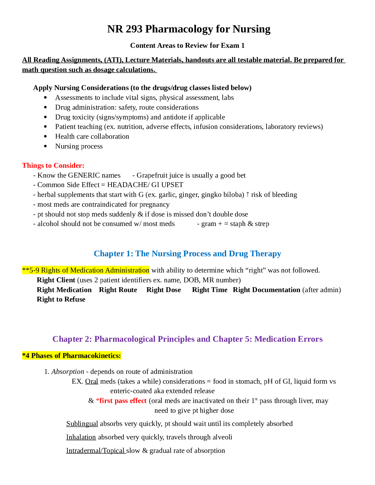 NR 293 Pharmacology for Nursing