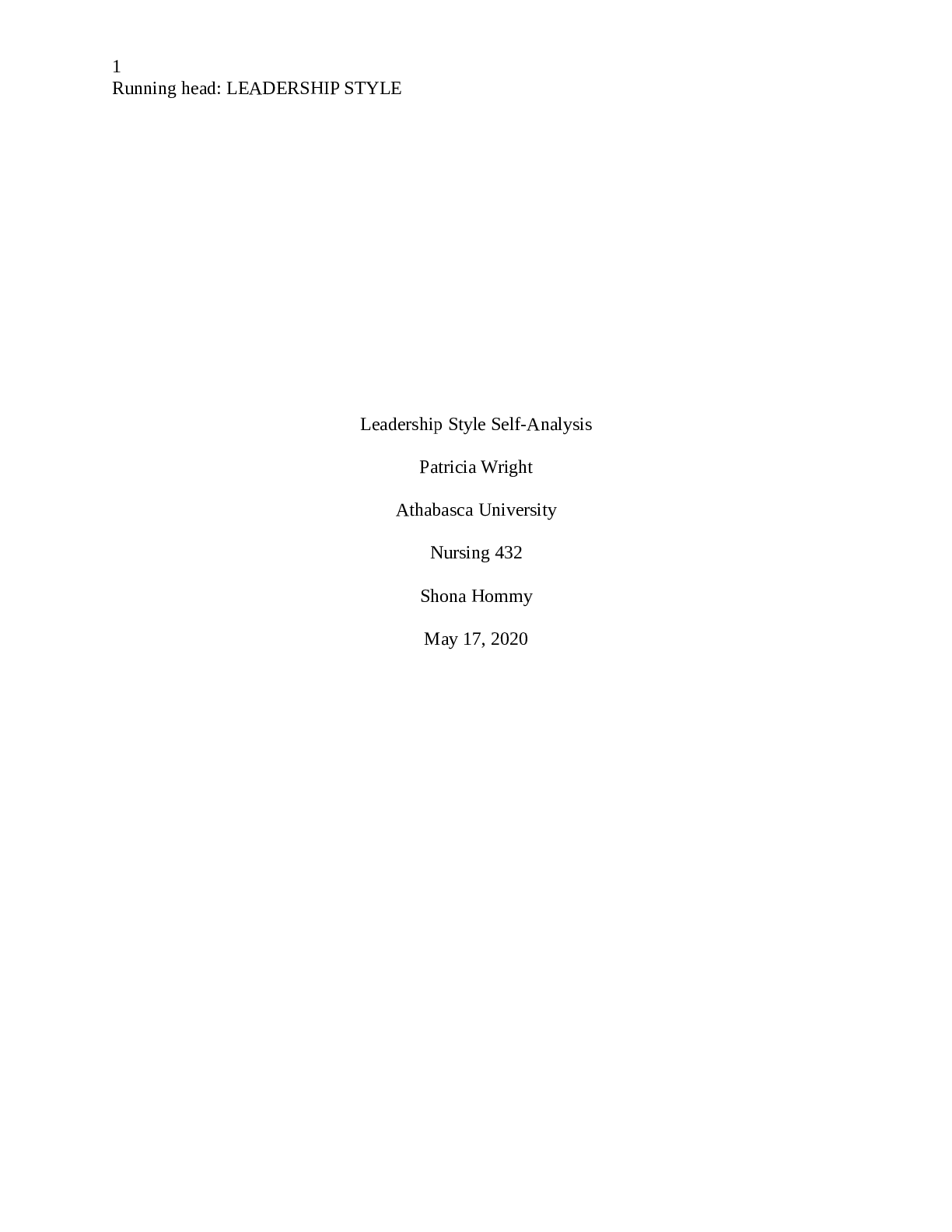 Leadership Style Self-Analysis (Nursing 432)