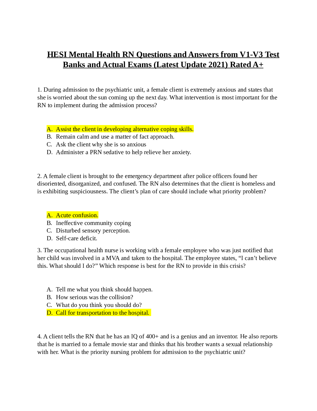 HESI Mental Health RN Questions and Answers from V1-V3 Test Banks and Actual Exams (Latest Update 2021 ) Rated A+