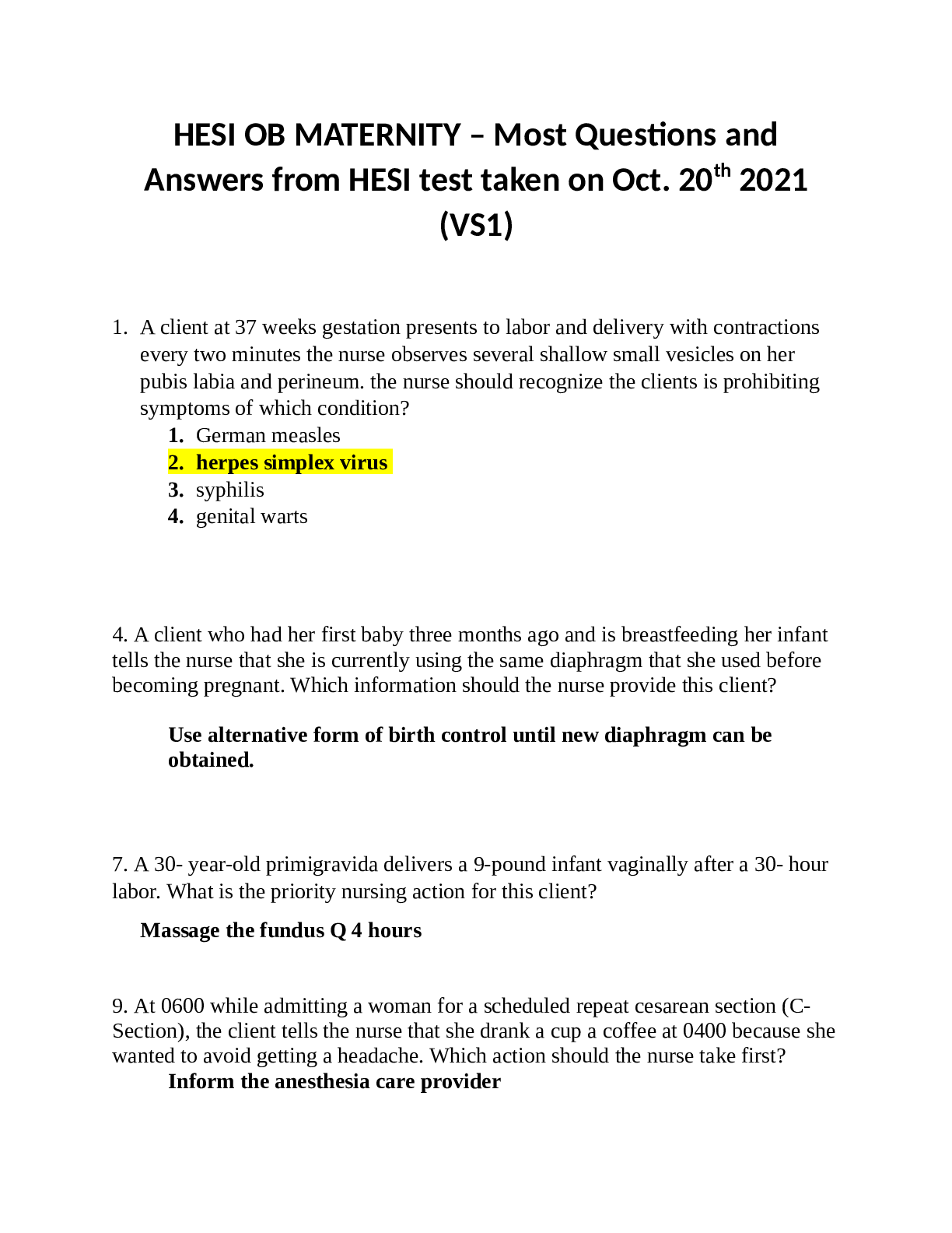 HESI OB MATERNITY – Most Questions and Answers from HESI test taken on Oct. 20th 2021 (VS1)