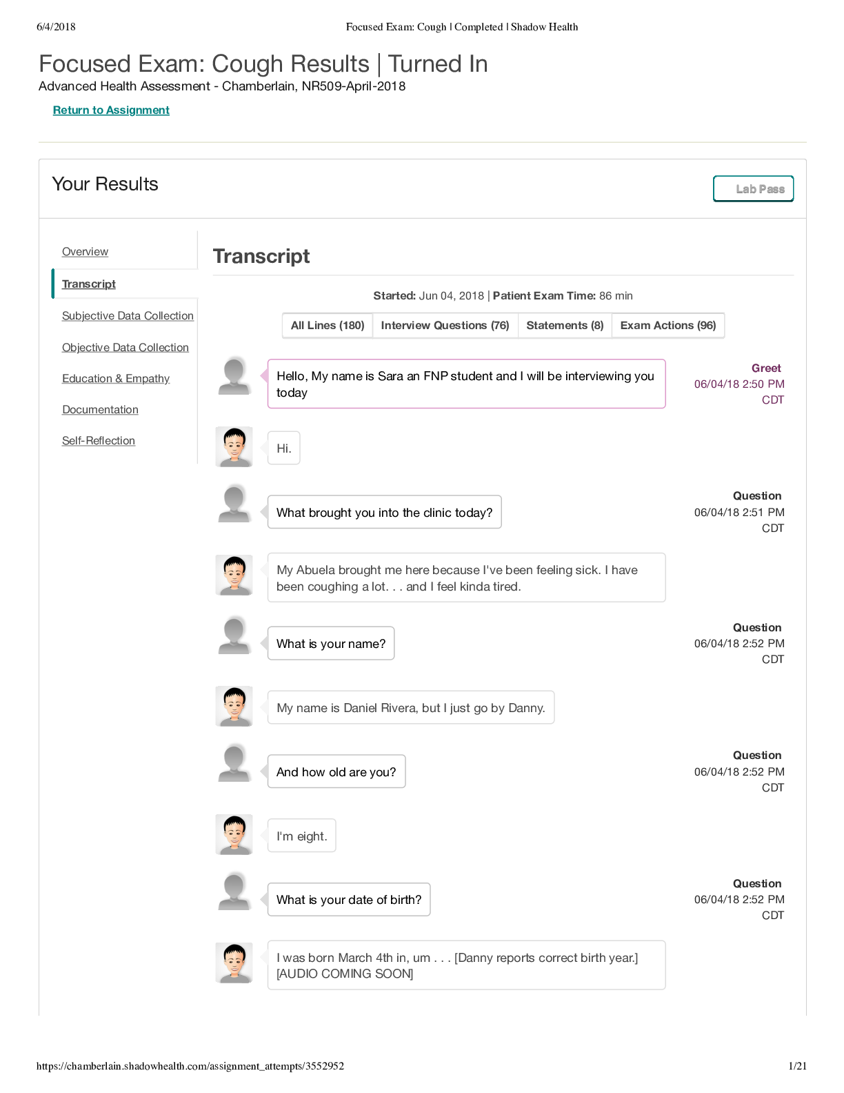 Focused Exam Cough Results | Turned In Advanced Health Assessment - Chamberlain, NR509-April-2018