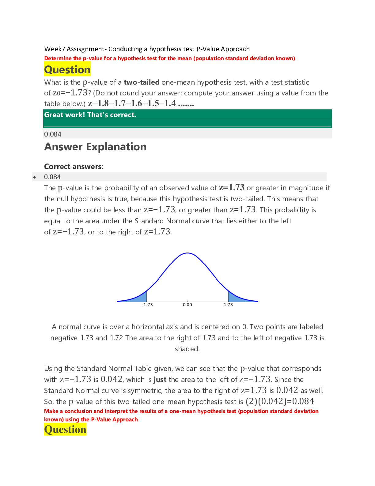 Week7 Assisgnment- Conducting a hypothesis test P-Value Approach