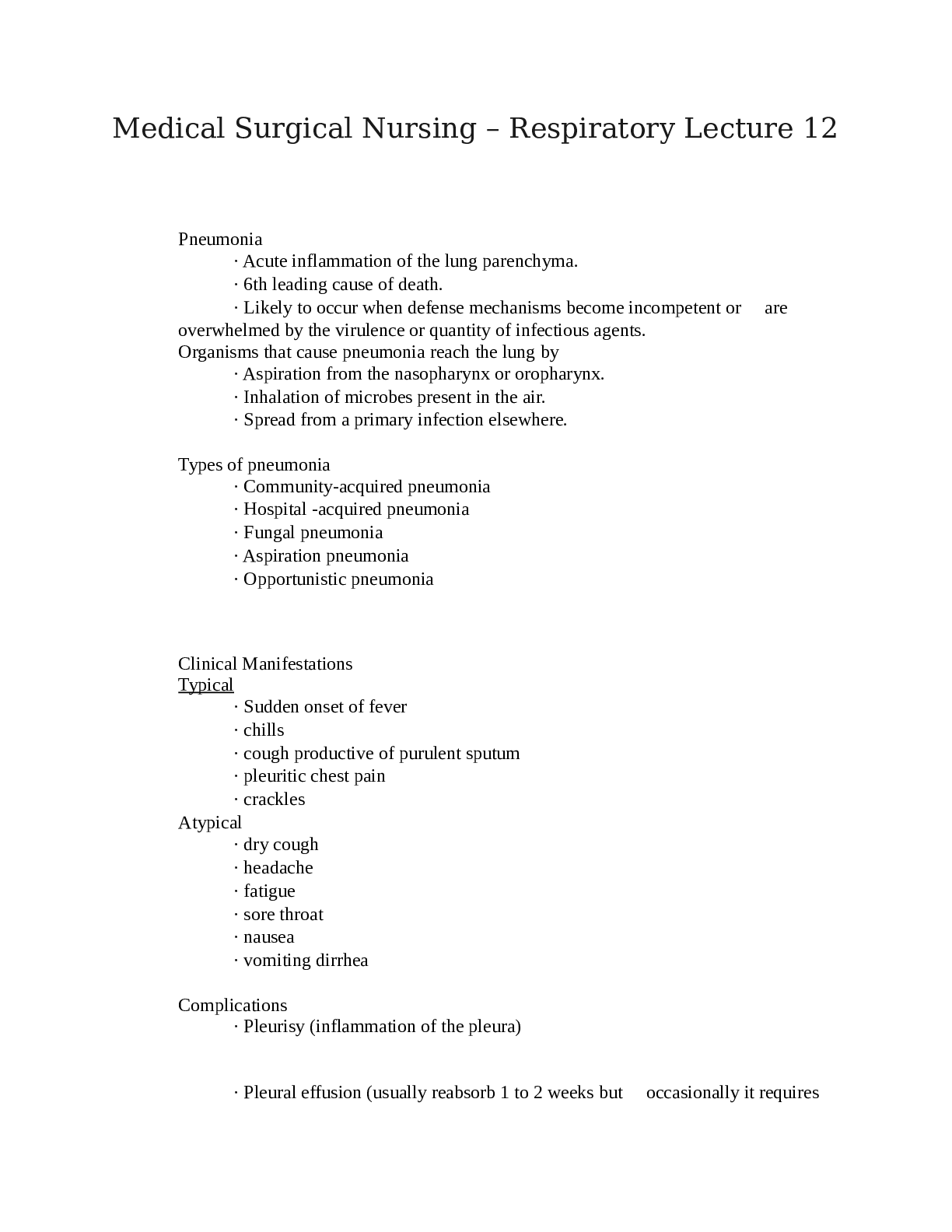 Medical Surgical Nursing – Respiratory Lecture 12