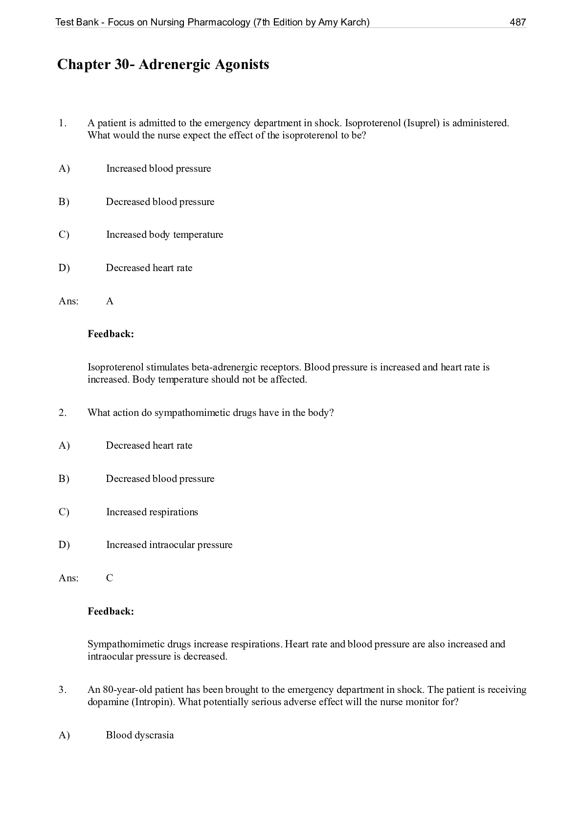 Test Bank - Focus on Nursing Pharmacology (7th Edition by Amy Karch) Chapter 30- Adrenergic Agonists