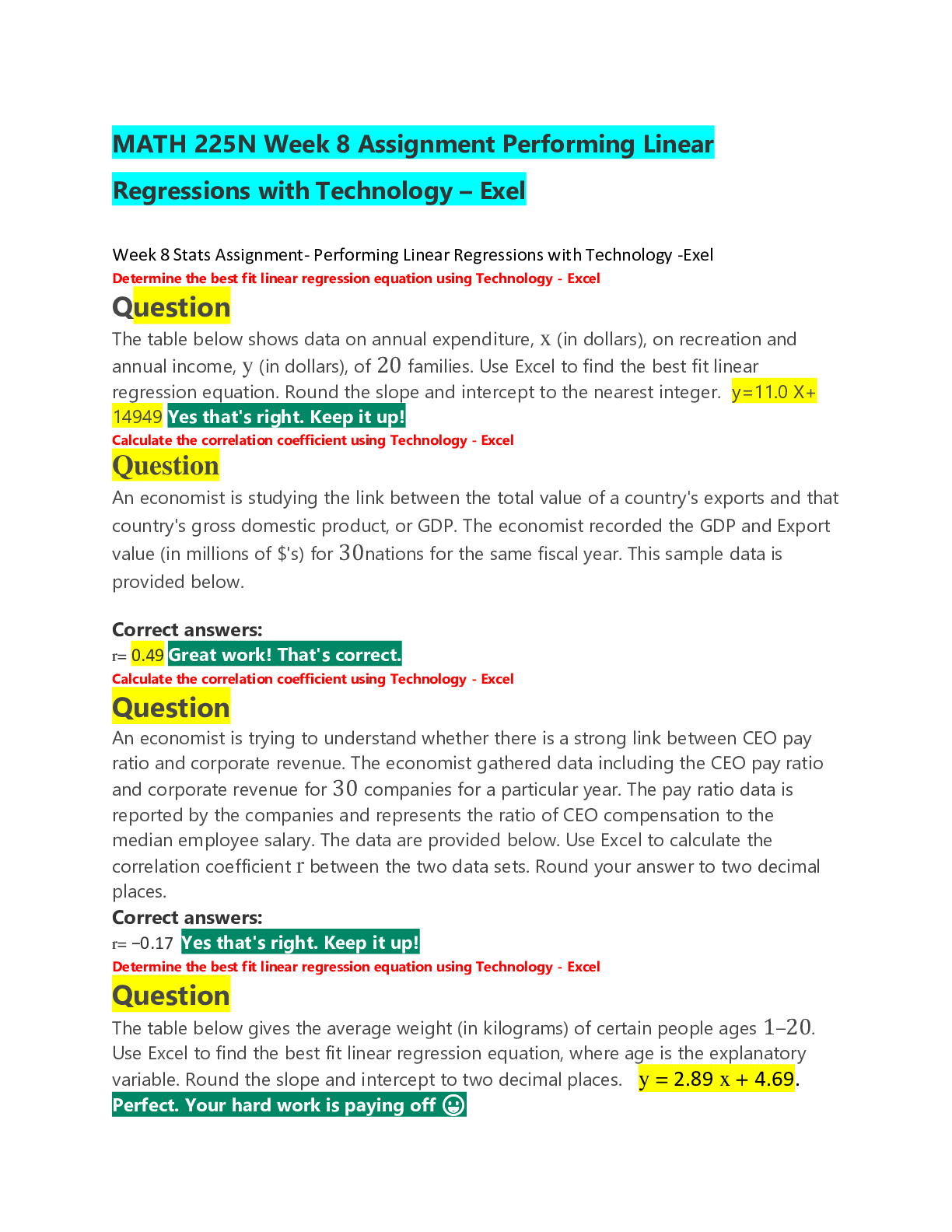 MATH 225N Week 8 Assignment Performing Linear Regressions with Technology – Exel