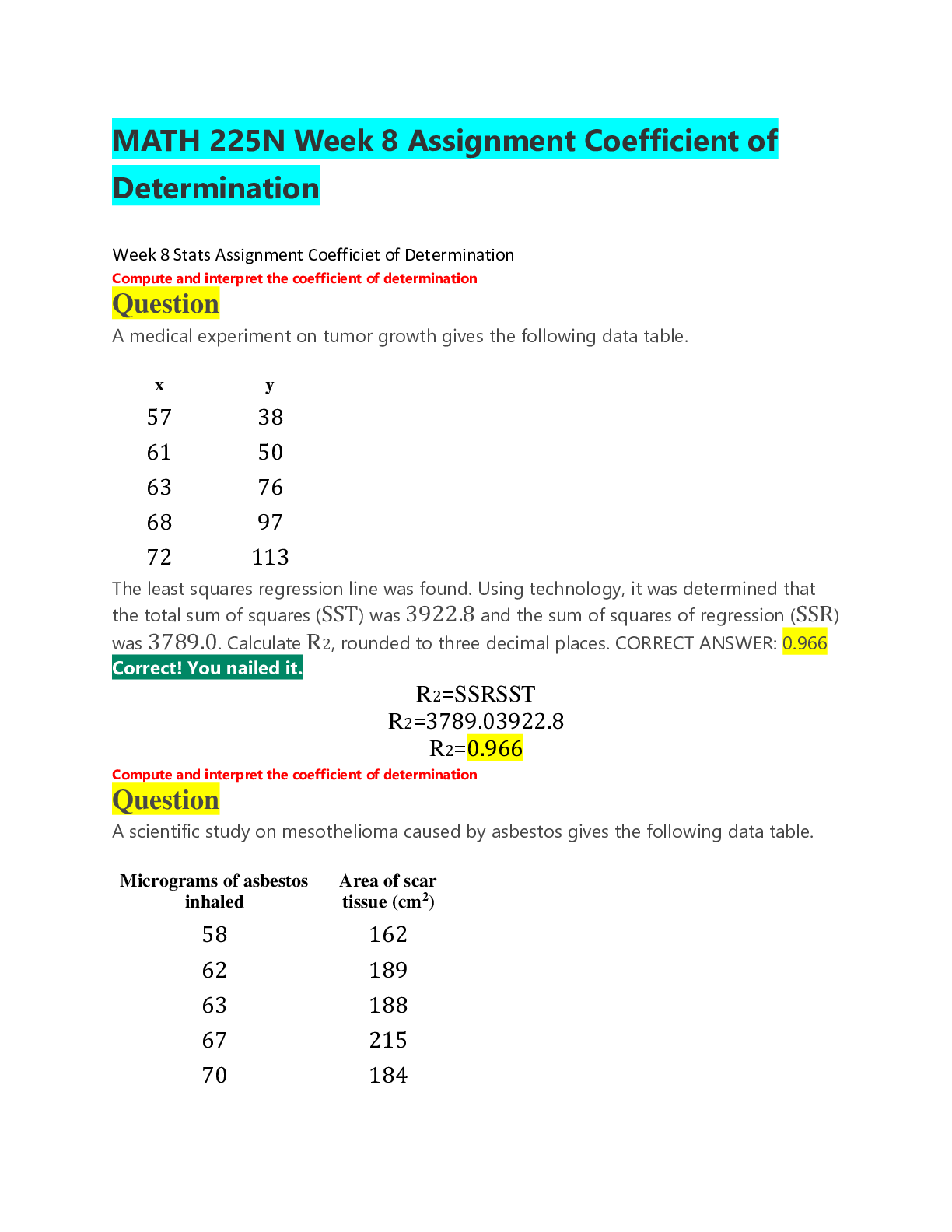 MATH 225N Week 8 Assignment Coefficient of Determination