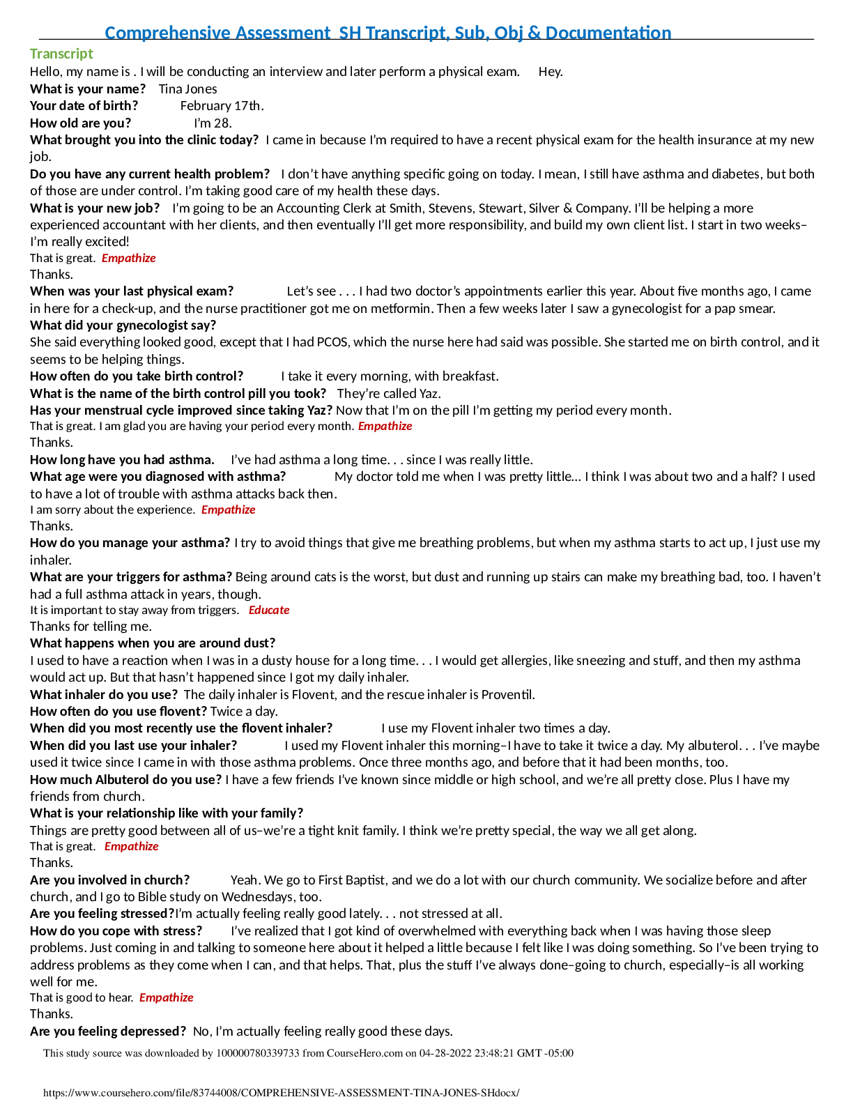 Comprehensive Assessment SH Transcript, Sub, Obj & Documentation