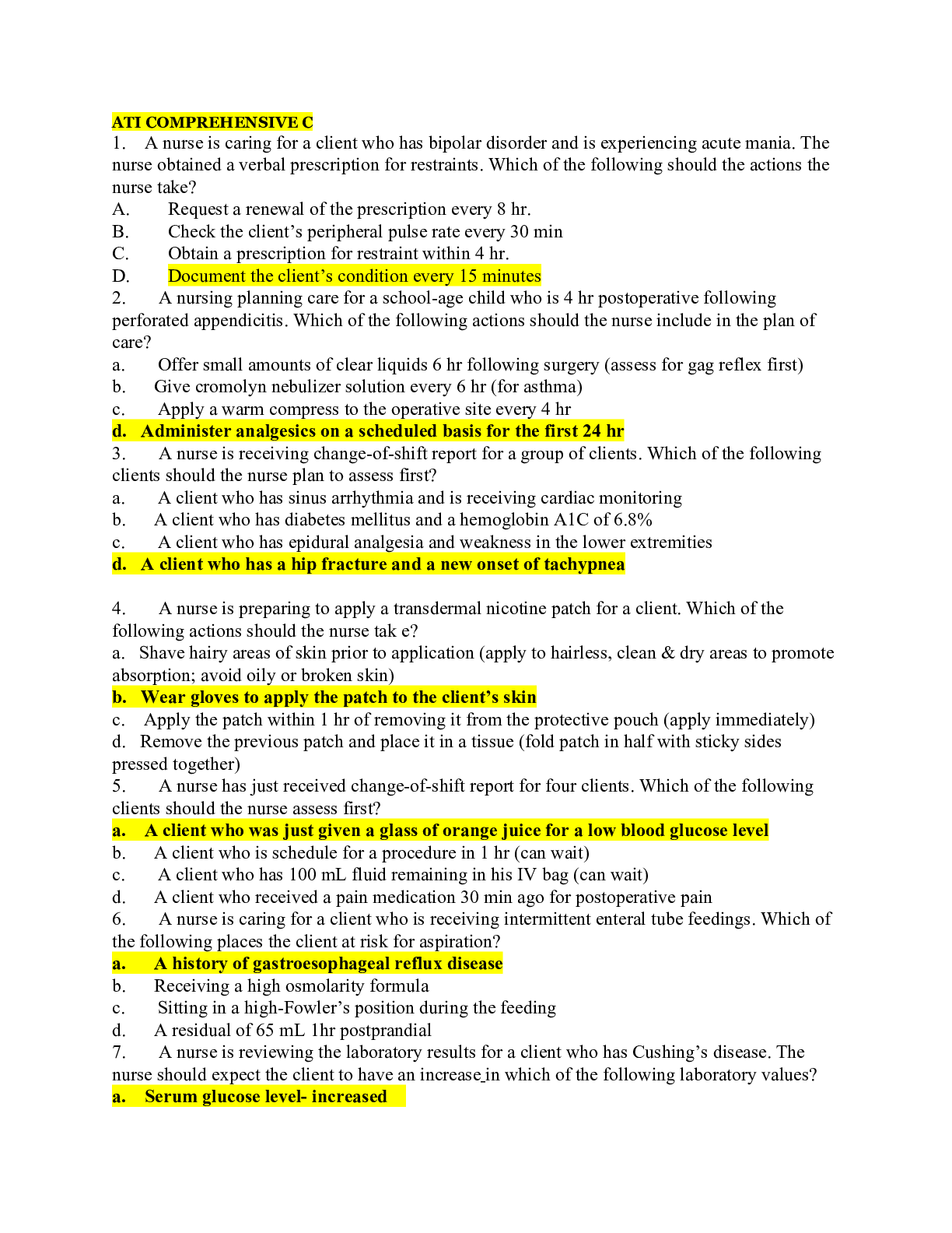ATI COMPREHENSIVE 2019 C QUESTIONS AND ANSWERS