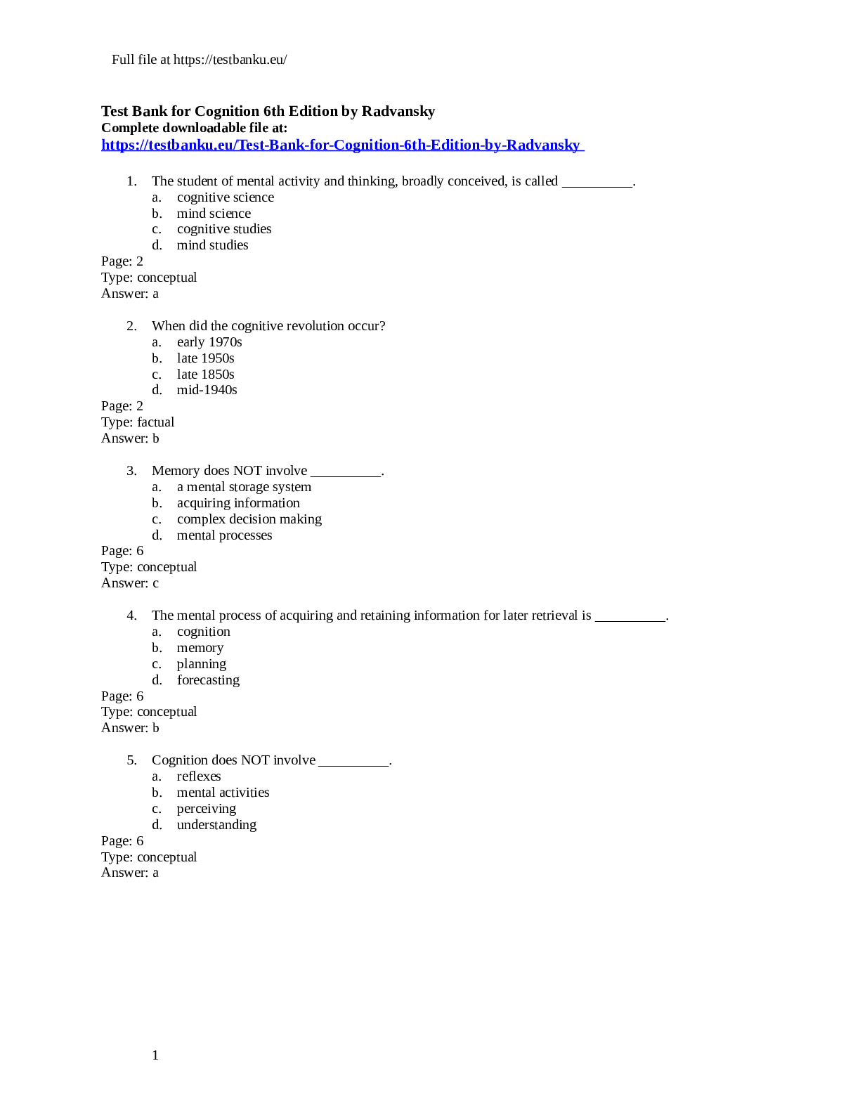 Test Bank for Cognition 6th Edition by Radvansky