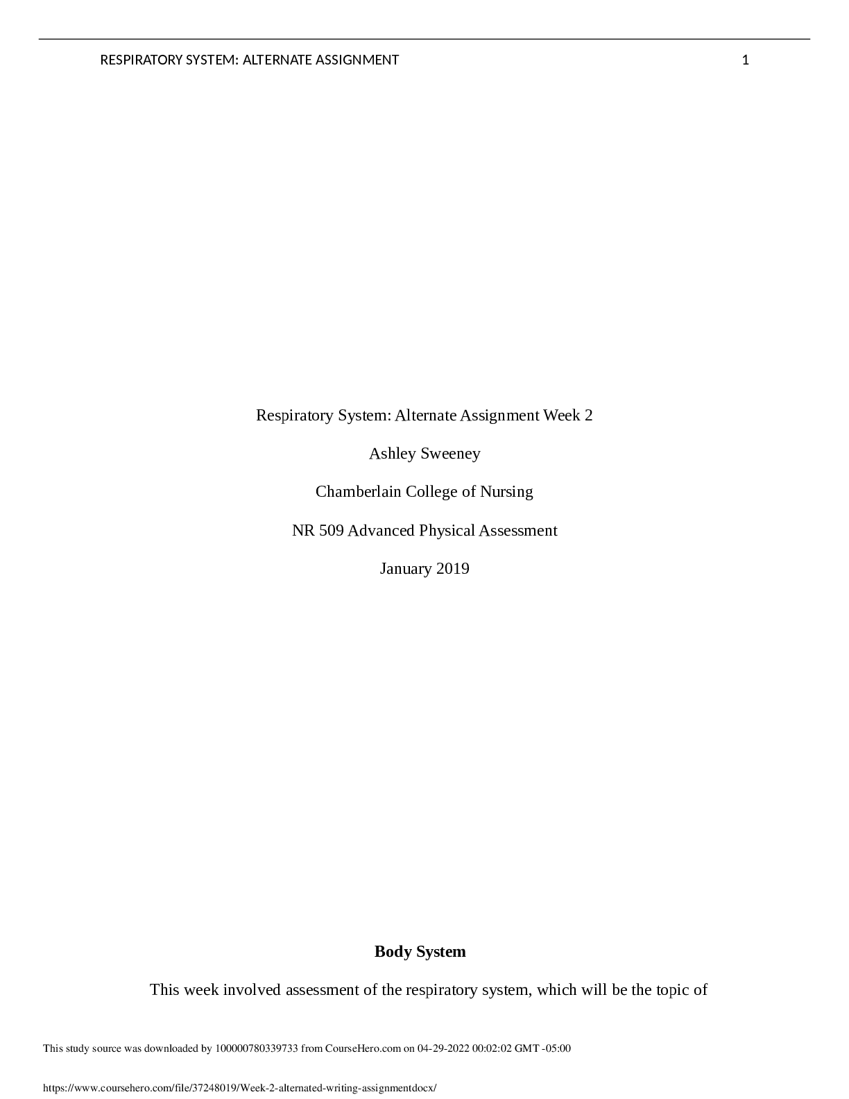 Respiratory System Alternate Assignment Week 2 Advanced Physical Assessment (NR 509)