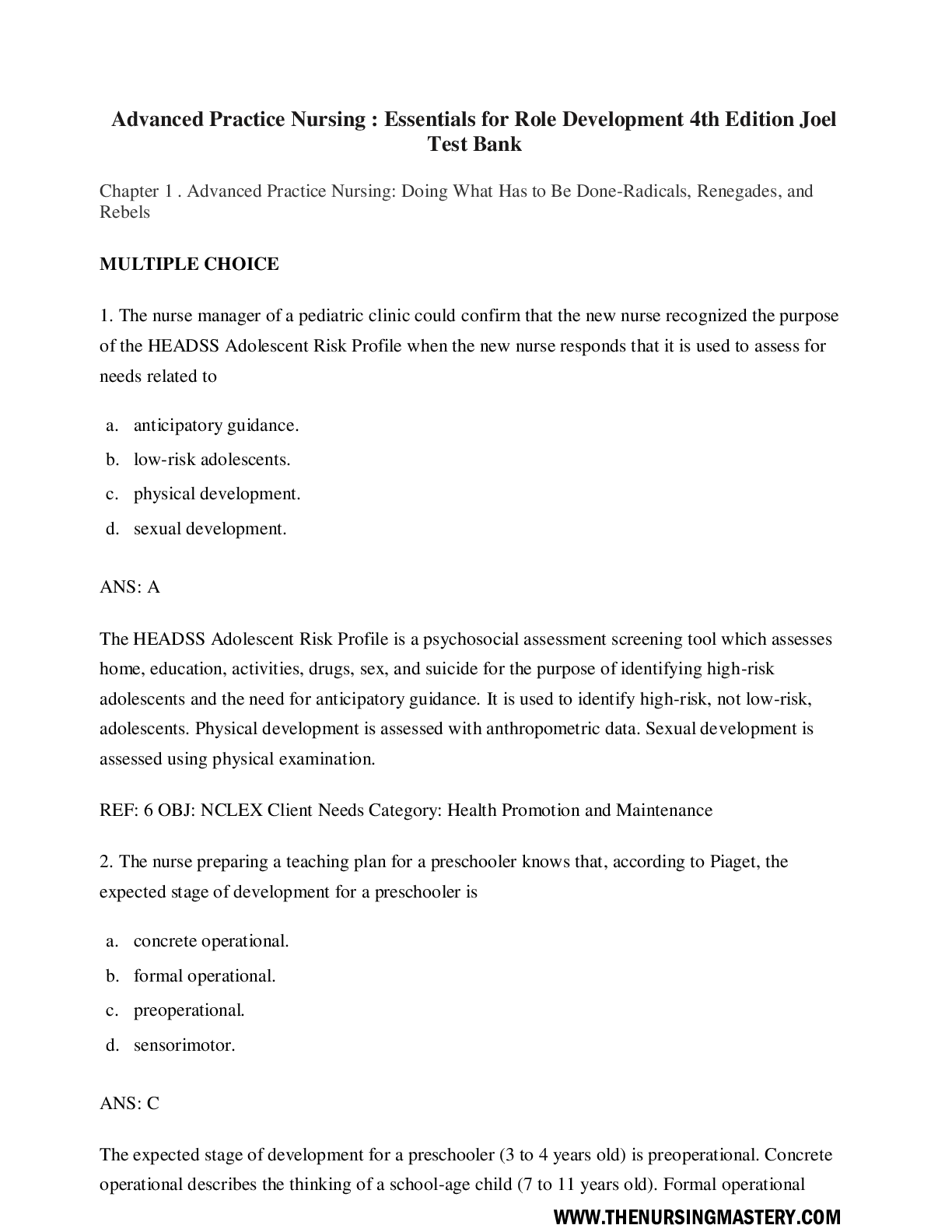 Essentials for Role Development 4th Edition Joel  Test Bank Advanced Practice Nursing