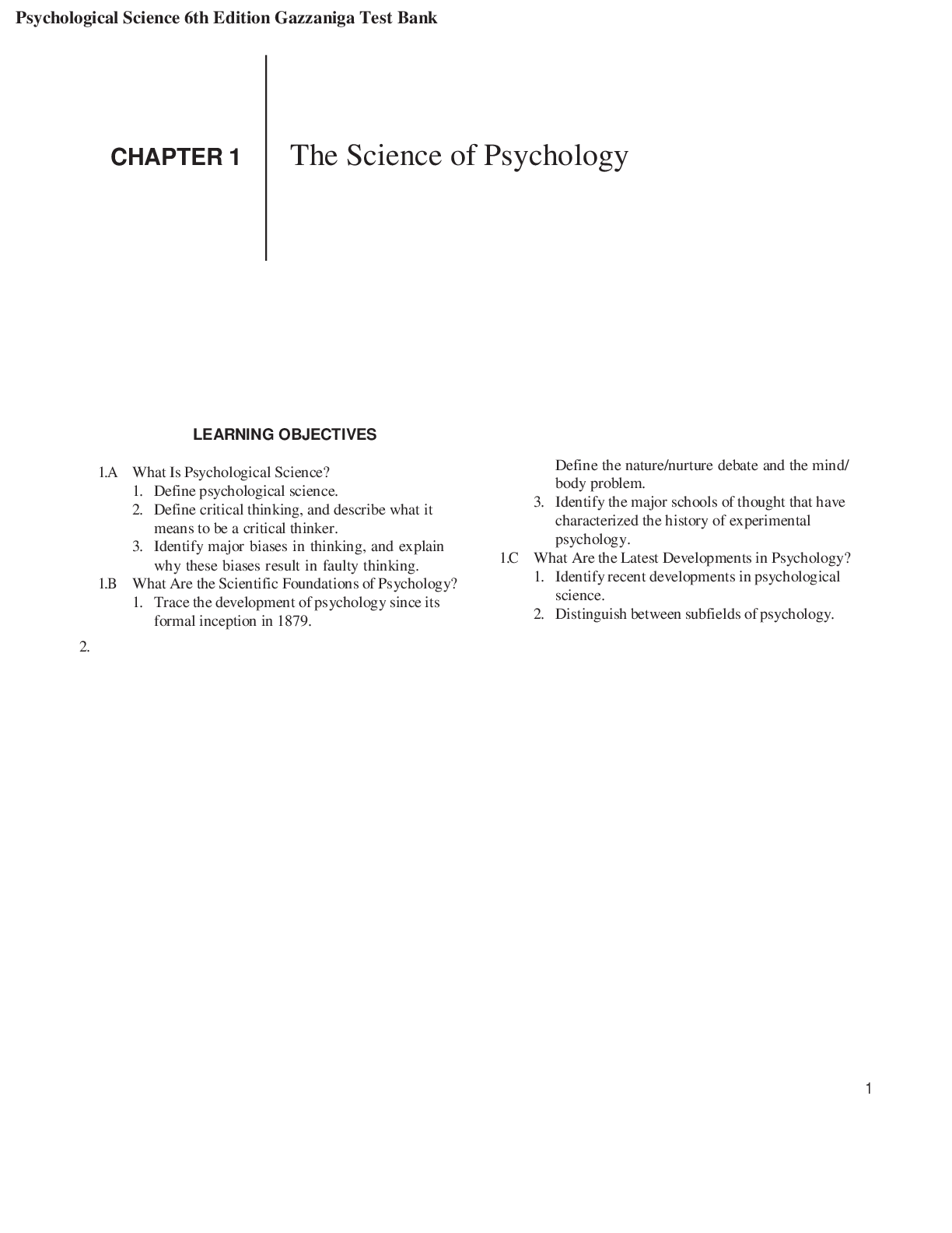 Psychological Science 6th Edition Gazzaniga Test Bank The Science of Psychology (CHAPTER 1 )