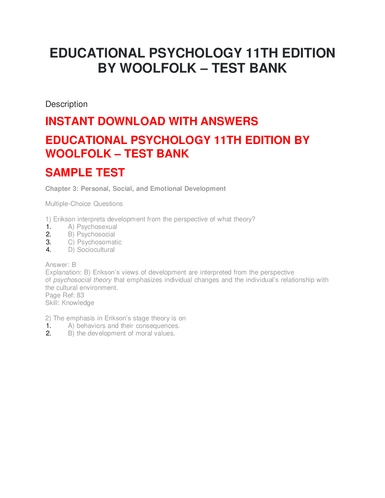 EDUCATIONAL PSYCHOLOGY 11TH EDITION BY WOOLFOLK – TEST BANK