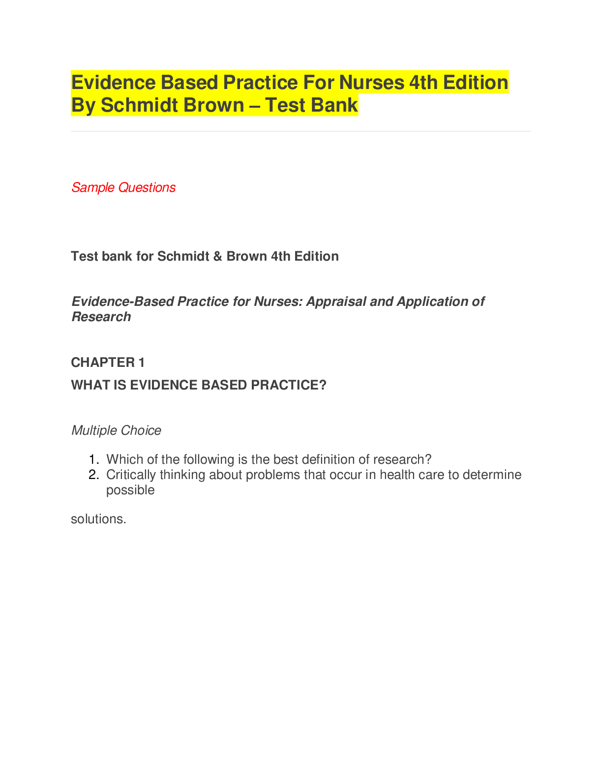 Evidence Based Practice For Nurses 4th Edition By Schmidt Brown – Test Bank