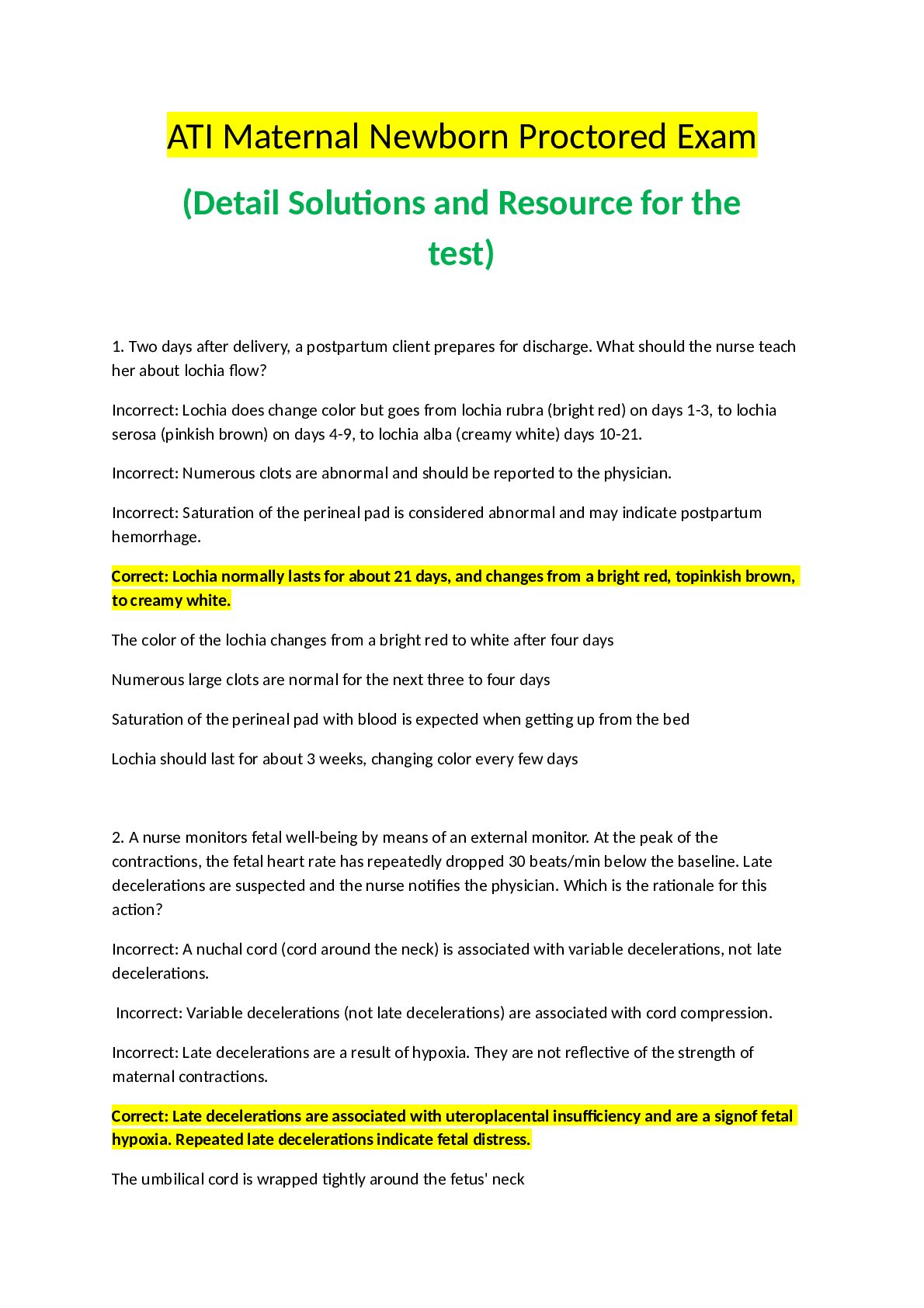 ATI Maternal Newborn Proctored Exam 2020