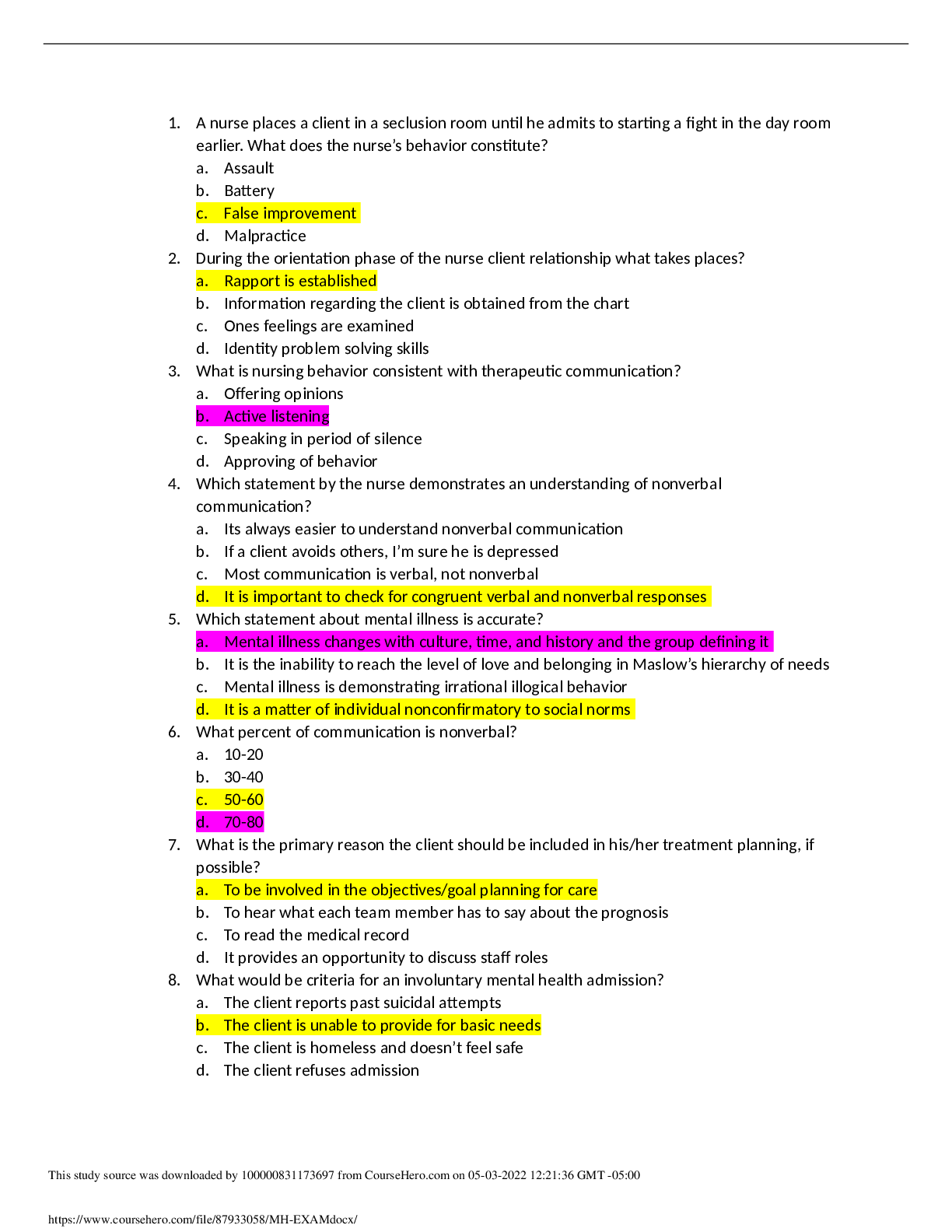 NURS 2488 Mental Health(MH) Exam (Verified Answers)