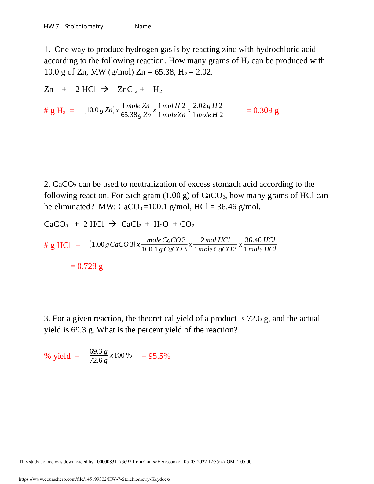 Portage Learning Chem 219-HW 7 Stoichiometry