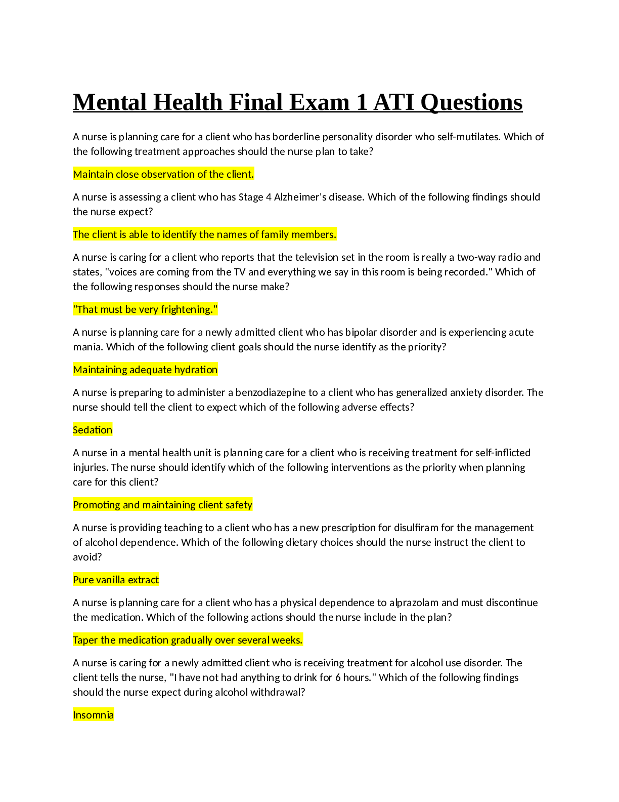 Mental Health Final Exam 1 ATI Questions