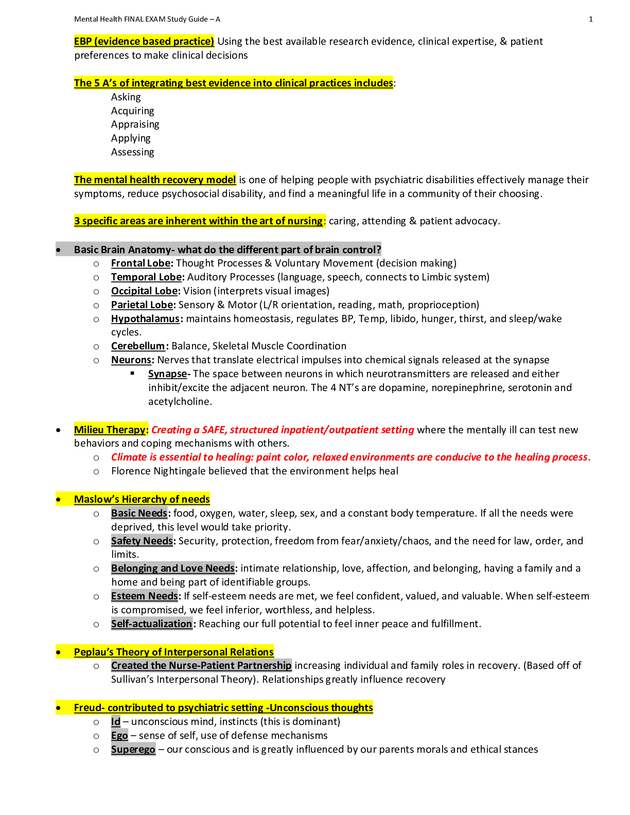 Mental Health FINAL EXAM Study Guide – A   EBP (evidence based practice)