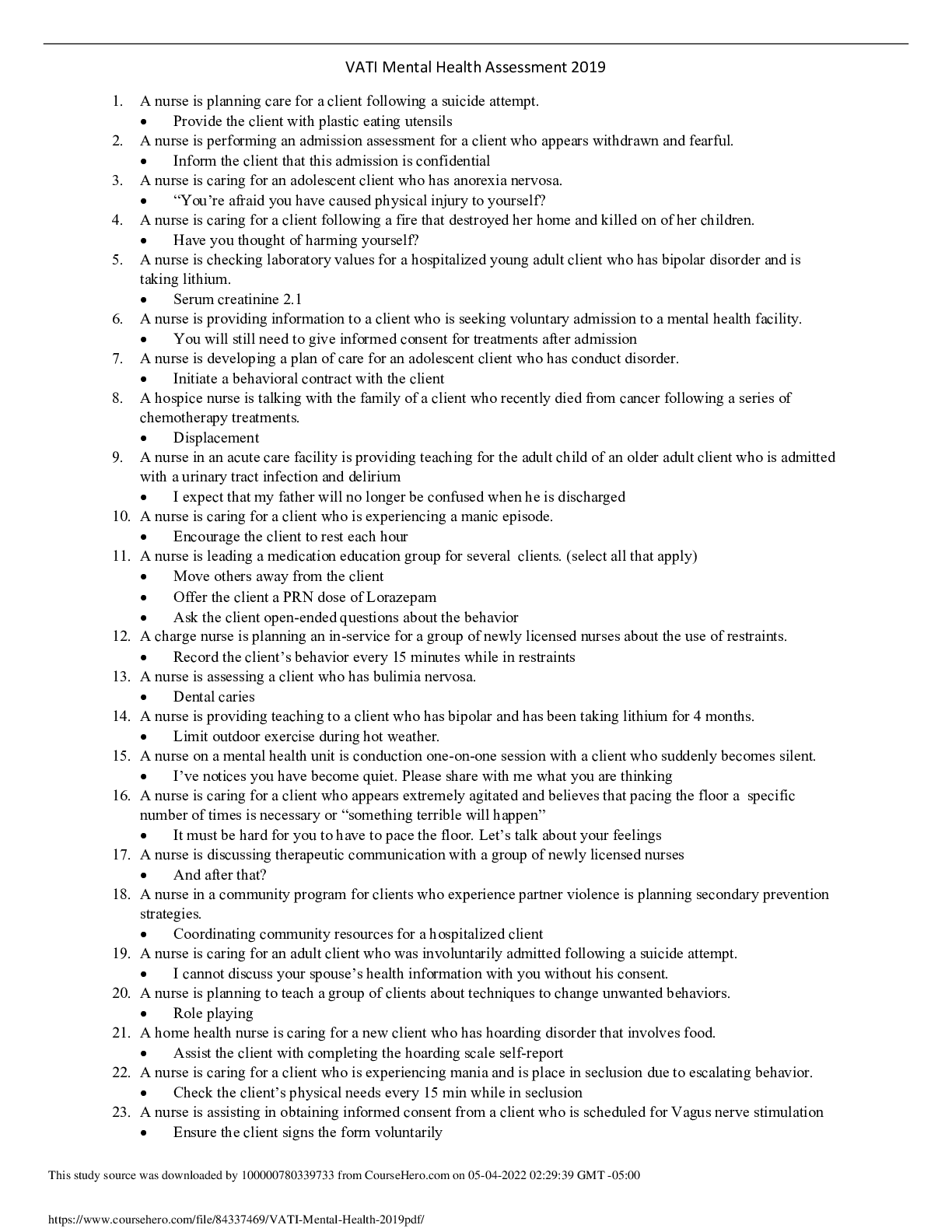 VATI Mental Health Assessment 2019