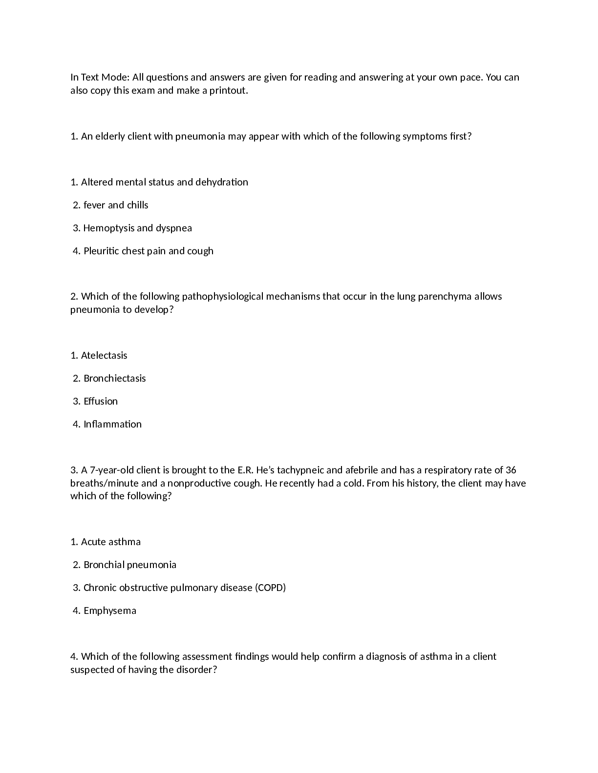 NURS 301 Respiratory Practice questions with answers at the bottom