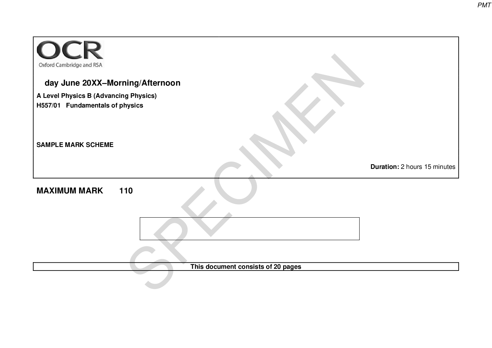 Specimen MARK SCHEME  Paper 1 OCR B Physics A Level ( H557/01 Fundamentals of physics )