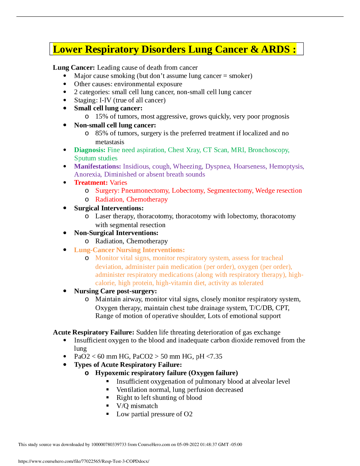 Lower Respiratory Disorders Lung Cancer & ARDS