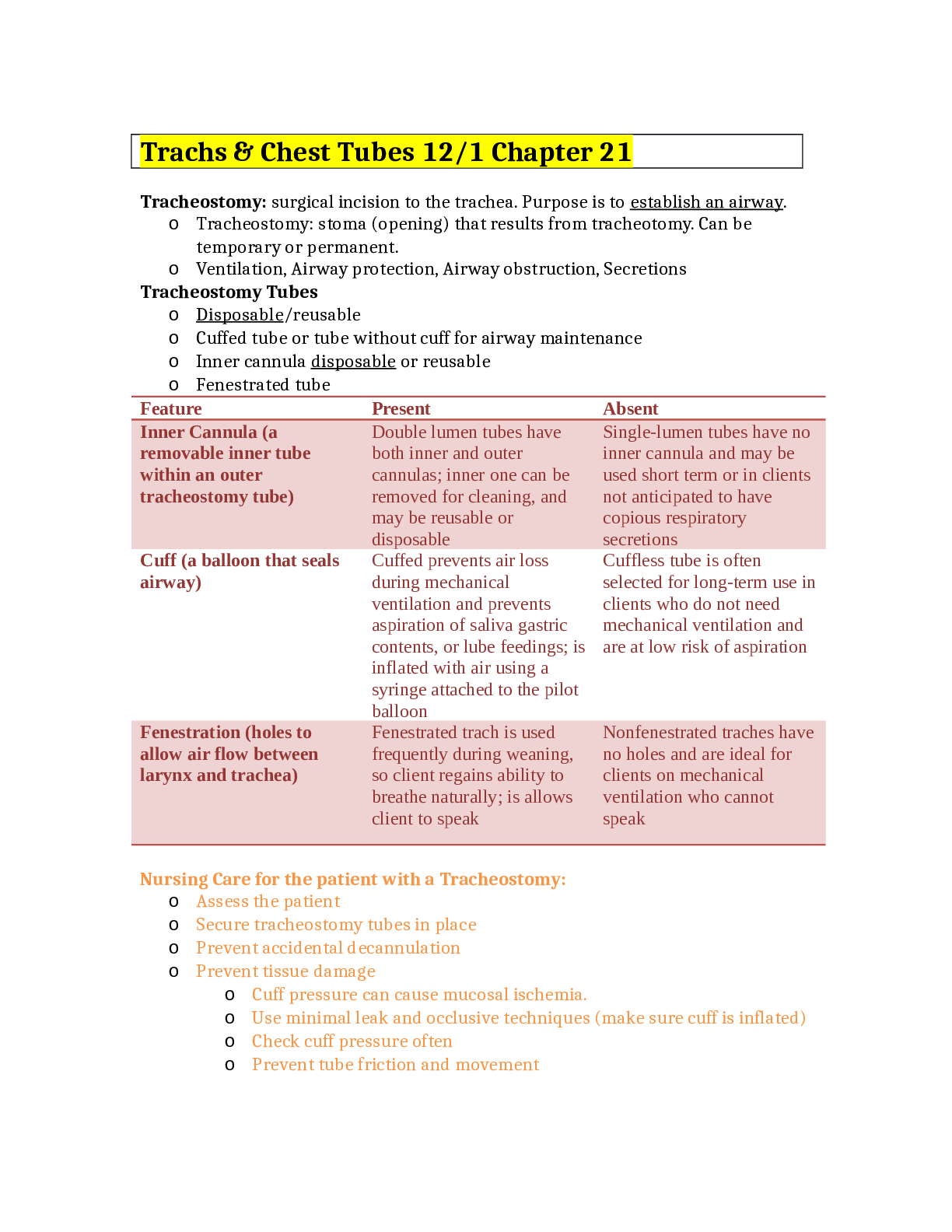 Trachs & Chest Tubes 12/1 Chapter 21