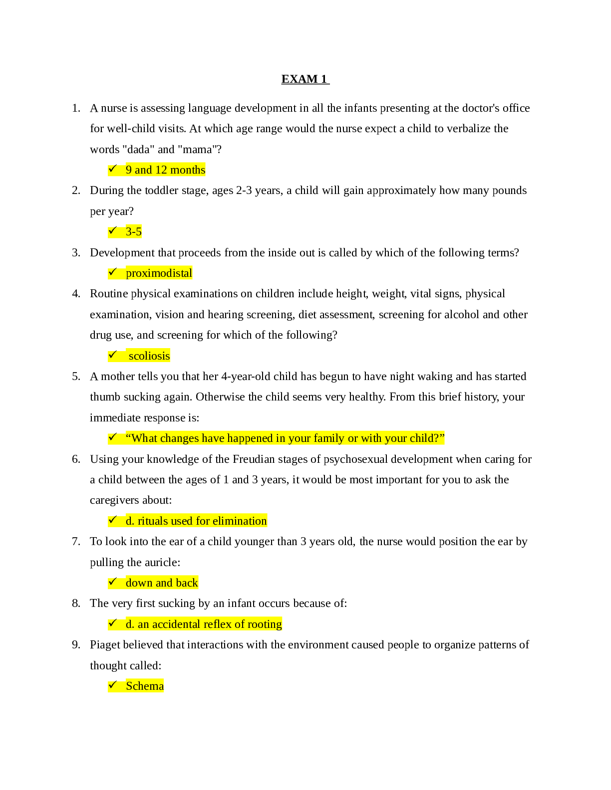 PEDS EXAM 1-4 QUESTIONS/ANSWERS