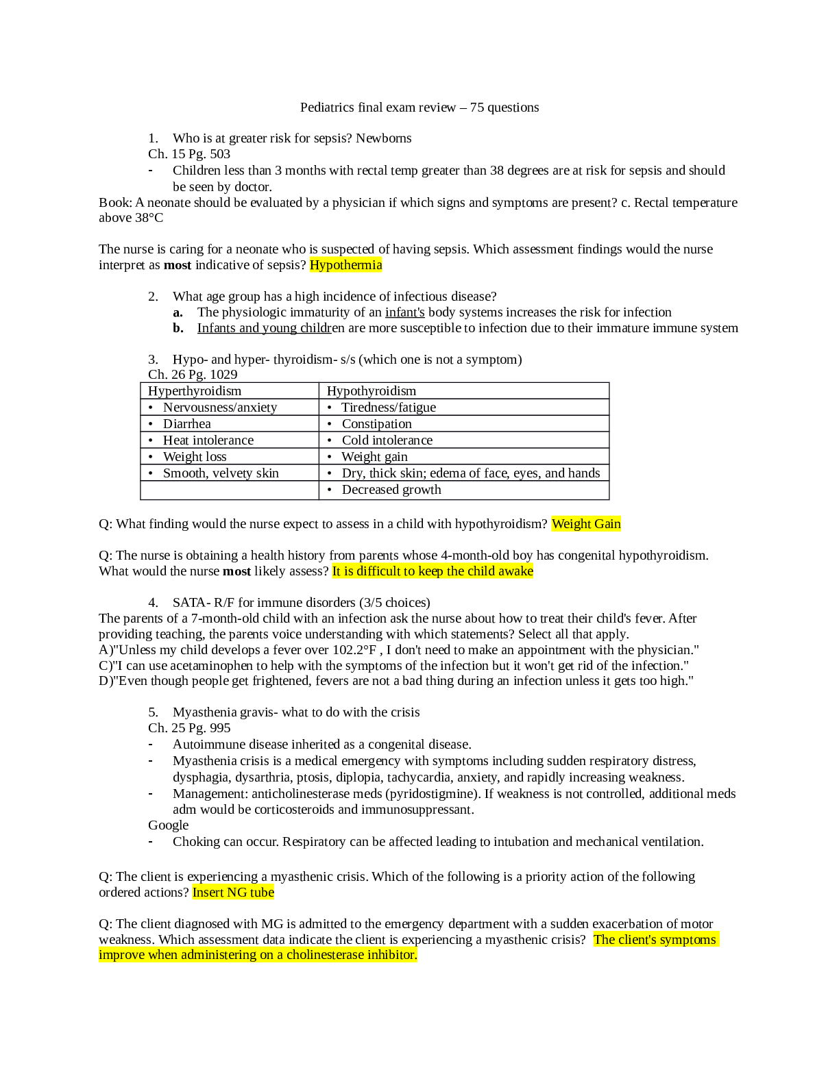 Pediatrics final exam review – 75 questions