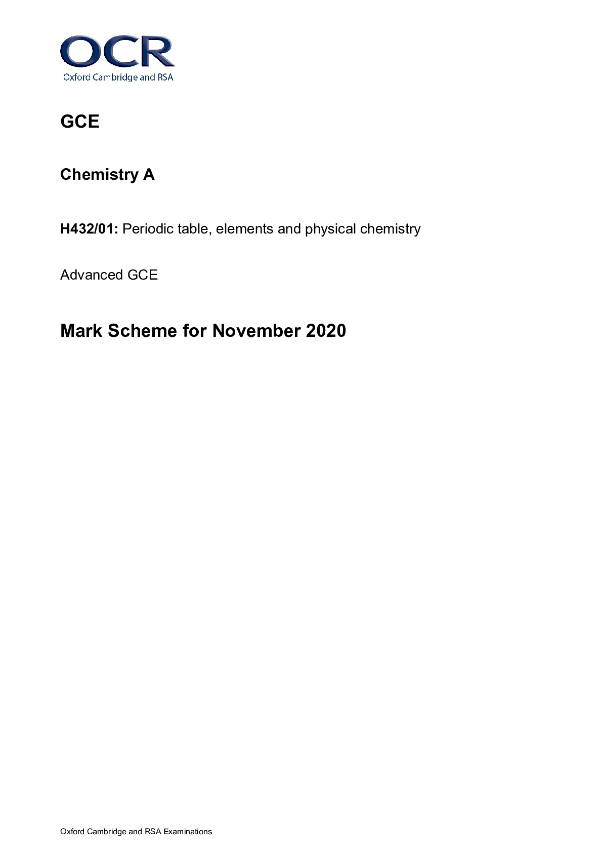GCE  Chemistry A H432/01 Periodic table, elements and physical chemistry Advanced GCE Mark Scheme for November 2020