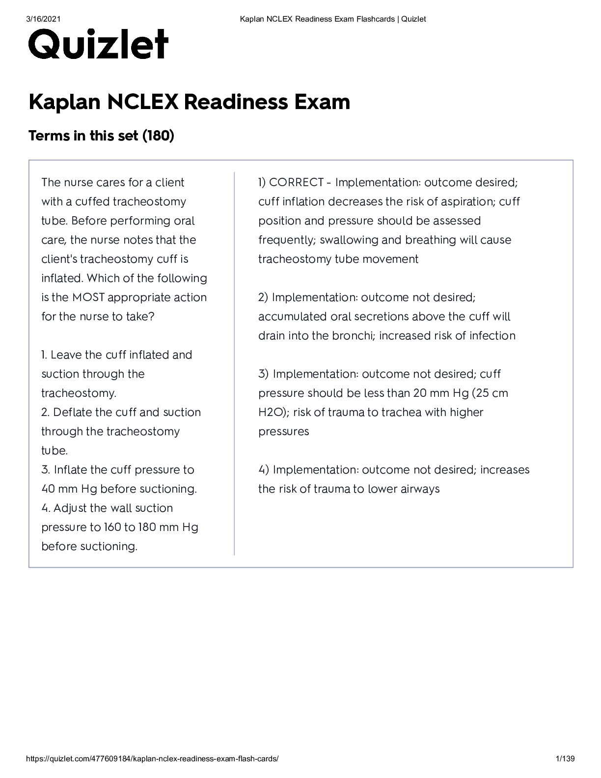 Kaplan NCLEX Readiness Exam Terms in this set (180)