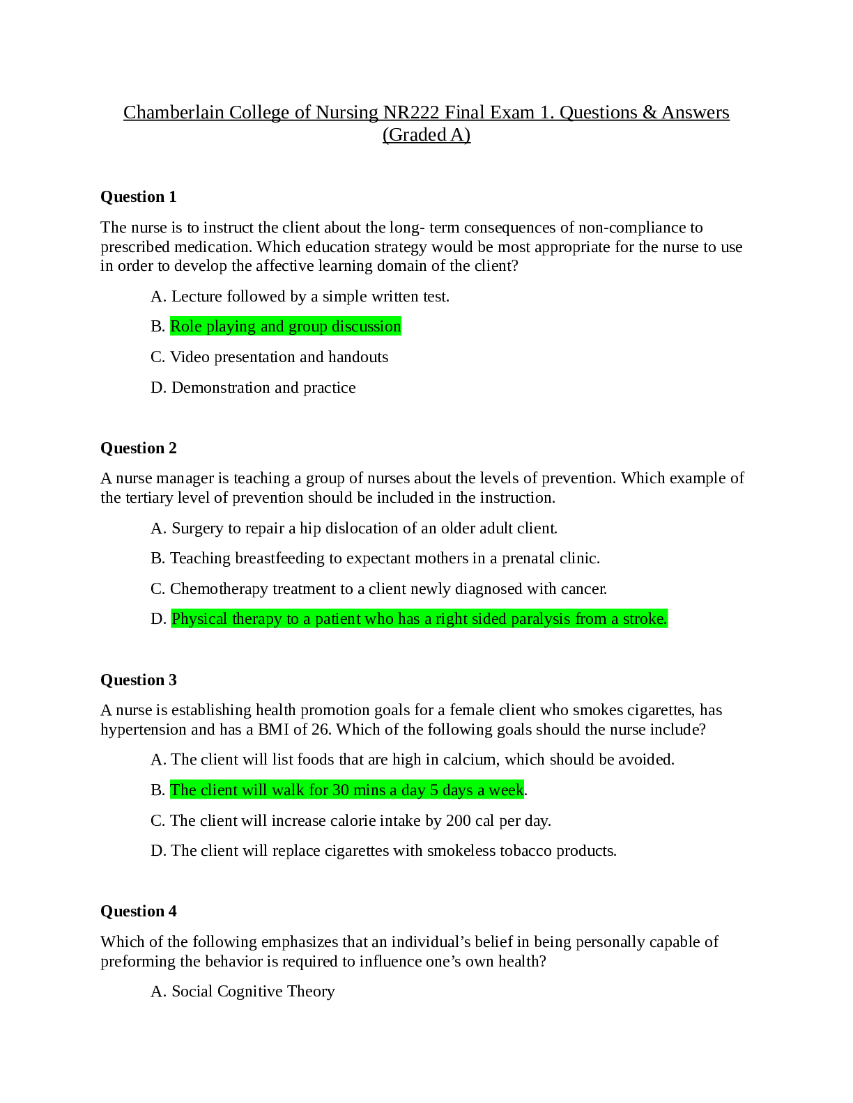 Chamberlain College of Nursing NR222 Final Exam 1 Questions & Answers (Graded A)