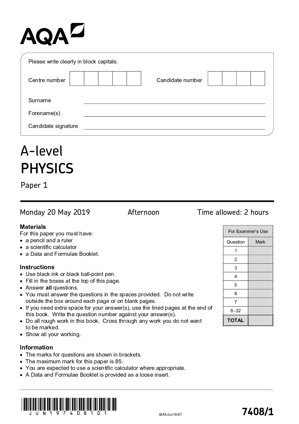 A-level PHYSICS Paper 1  7408/1 Monday 20 May 2019