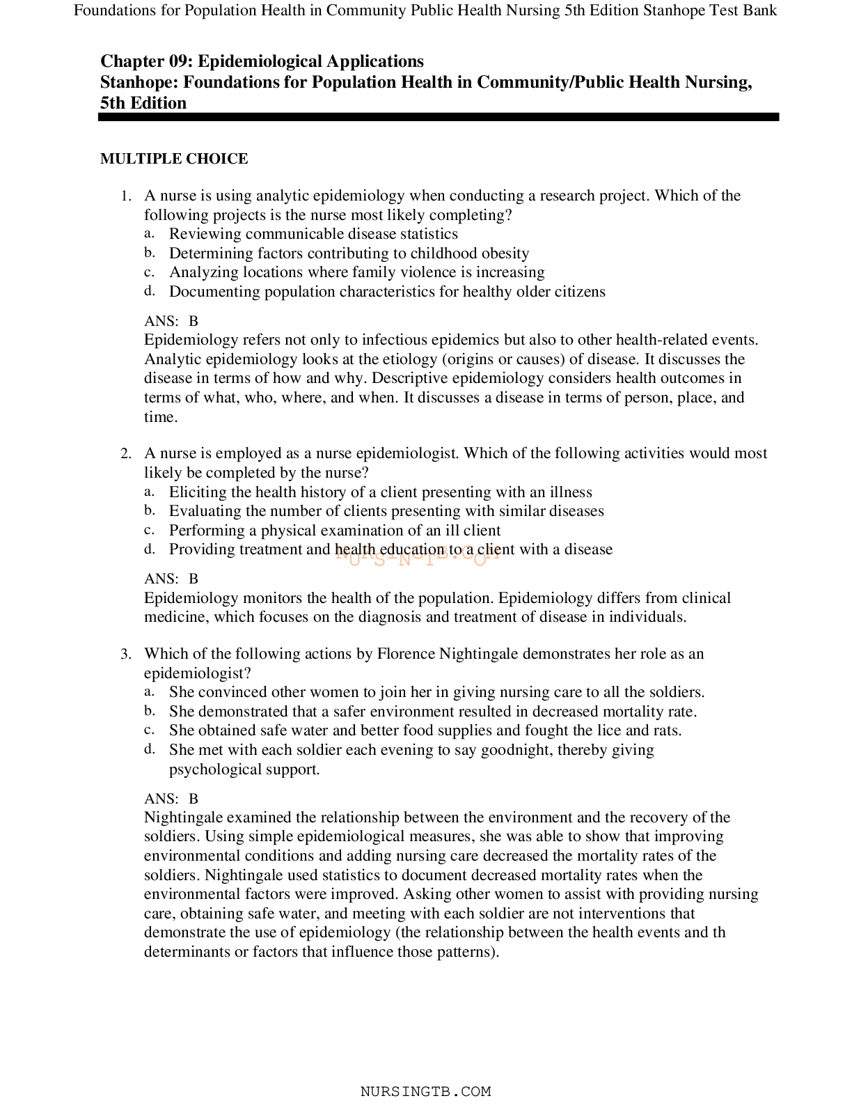 Epidemiological Applications(Chapter 09) Foundations for Population Health in Community Public Health Nursing 5th Edition Stanhope Test Bank