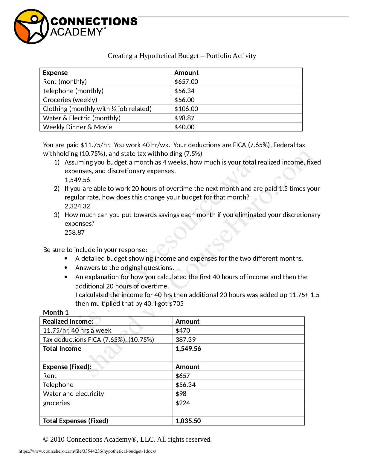 Creating a Hypothetical Budget – Portfolio Activity